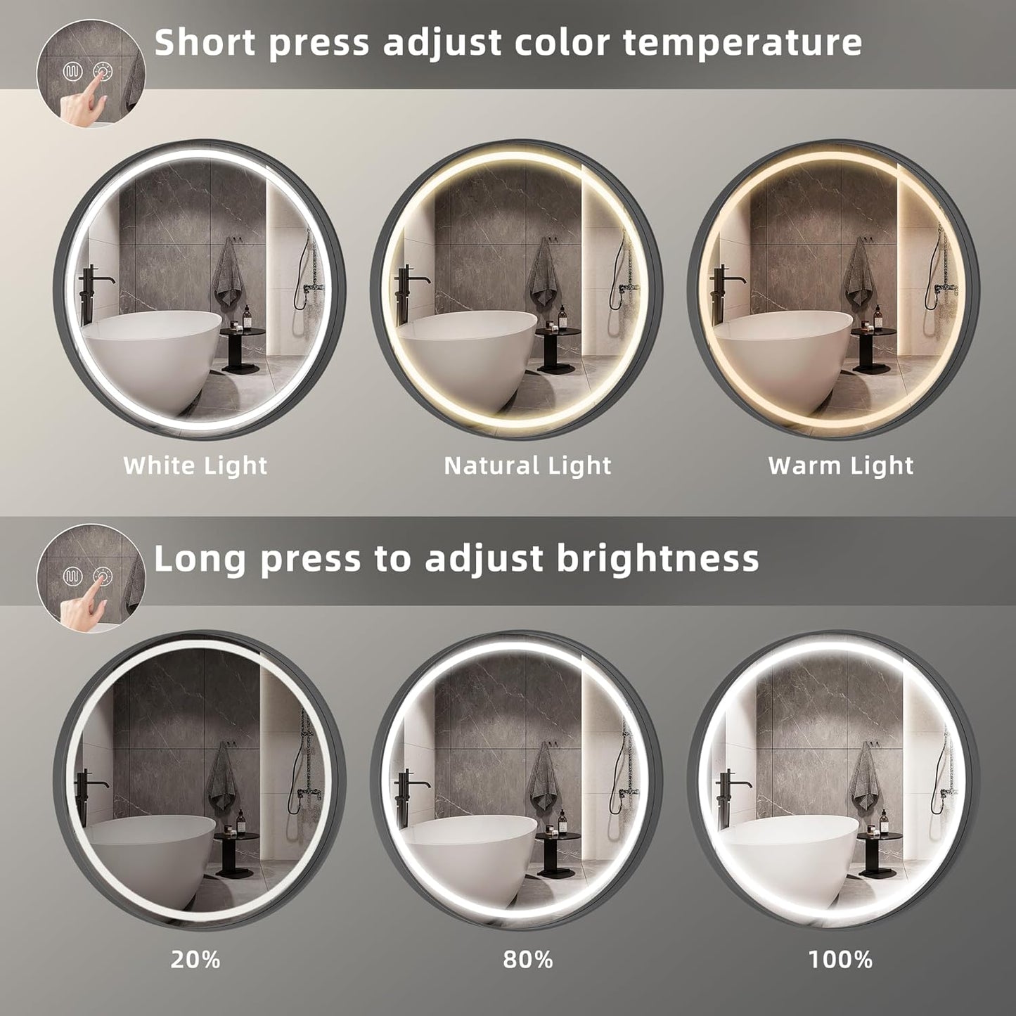 Hasipu 24 Round LED Mirror for Bathroom with Lights, Black Circle Vanity Mirror for Wall, Metal Framed Frontlit Bathroom Mirrors Anti-Fog, Dimmable, 3 Colors Makeup Mirror Wall Mounted