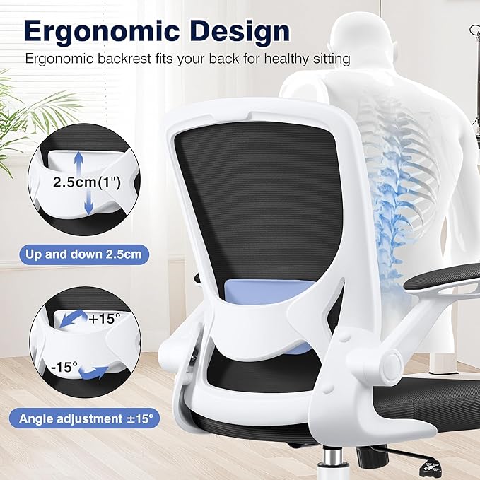 Ergonomic Office Chair, Mesh Computer Chairs with Lumbar Support, Swivel Desk Chair with Flip-up Arms and Adjustable Height, White
