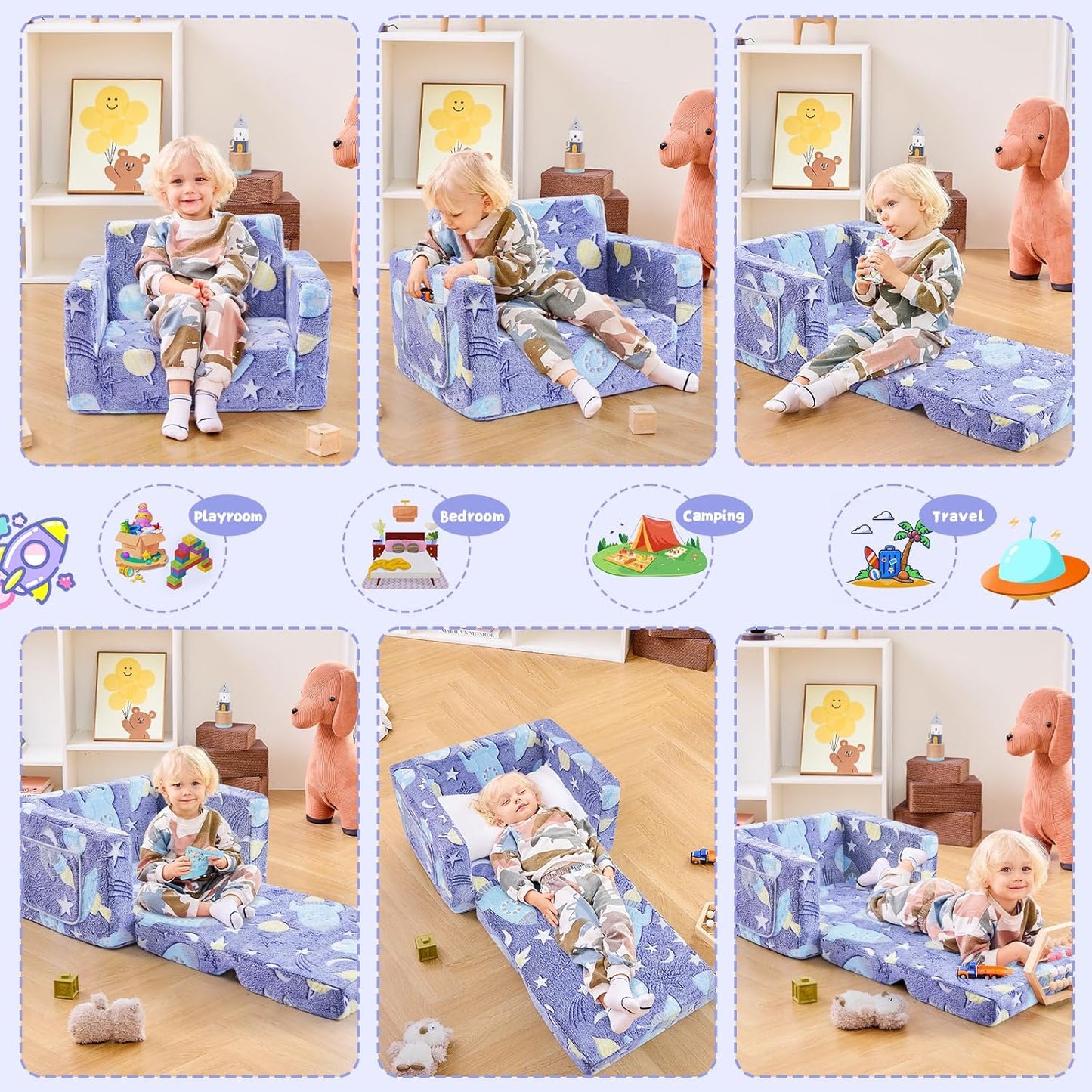 Toddler Couch,Toddler Chair,2-in-1 Baby Seat Furniture Fold Out, Convertible Sofa to Lounger Comfy Glow in The Dark Sofa Bed,Gifts for Kids Girl Boys,Rocket,Medium