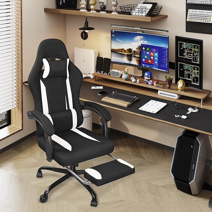 Breathable Fabric Gaming Chair with Footrest, Height Adjustable Game Chair, Video Gaming Chair for Gaming Room, Living Room and Office - Black/White