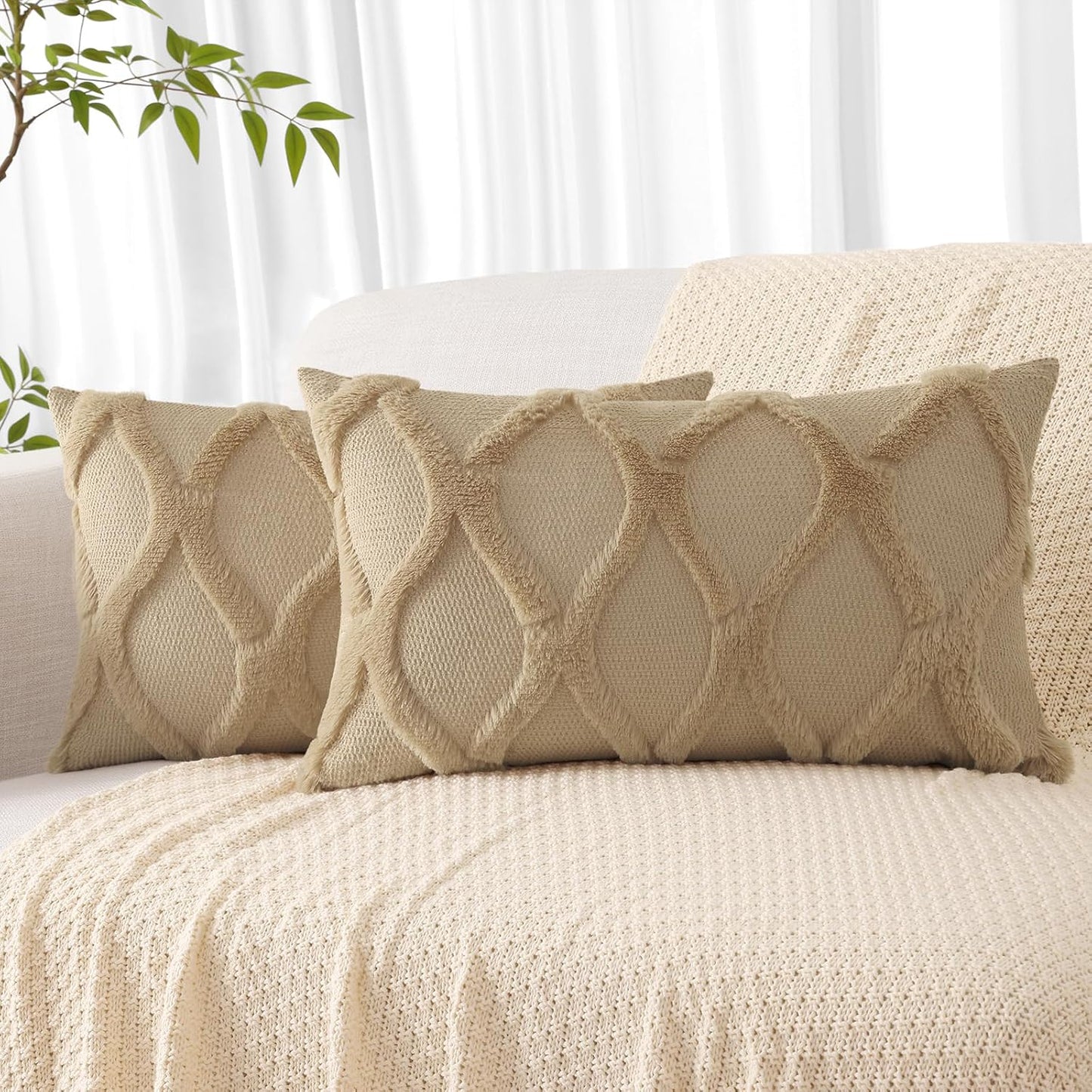 decorUhome Throw Pillow Covers 12x20 Inch Set of 2, Soft Plush Faux Fur Wool Lumbar Khaki Couch Pillow Covers, Decorative Neutral Pillow Cases for Bed Sofa Living Room Home Decor