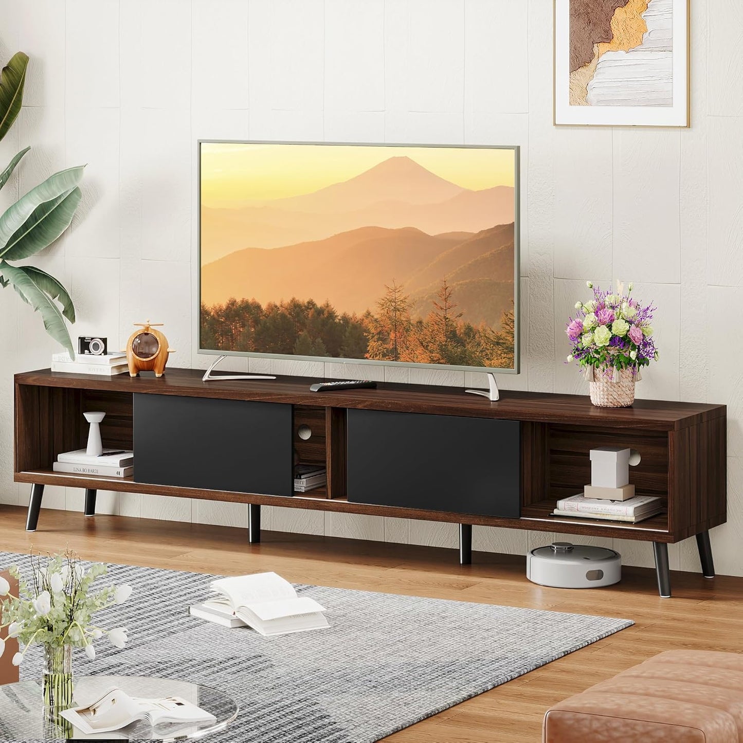 Clikuutory Mid Century Modern 70 Inch TV Stand with Two Large Storage Space for 50 55 60 65 70 75 80 Inch TVs, TV Console with Two Sliding Door, Entertainment Center for Bedroom, Walnut