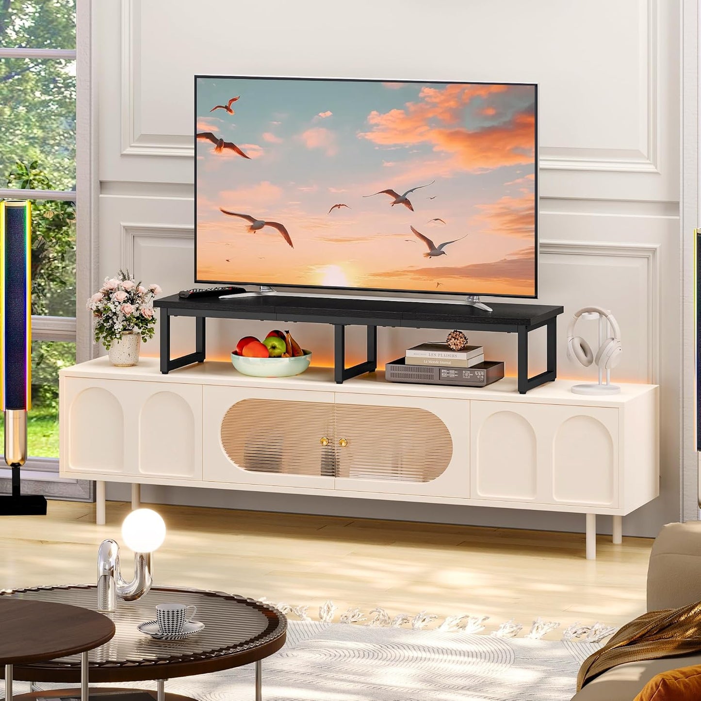 Clikuutory 45" Large TV Riser for 32-60 inch TVs, Tabletop Stand with Steel Legs, Storage & Dual - Screen Office Desk Function, Ideal for Home Office, Bedroom, Living Room, Black