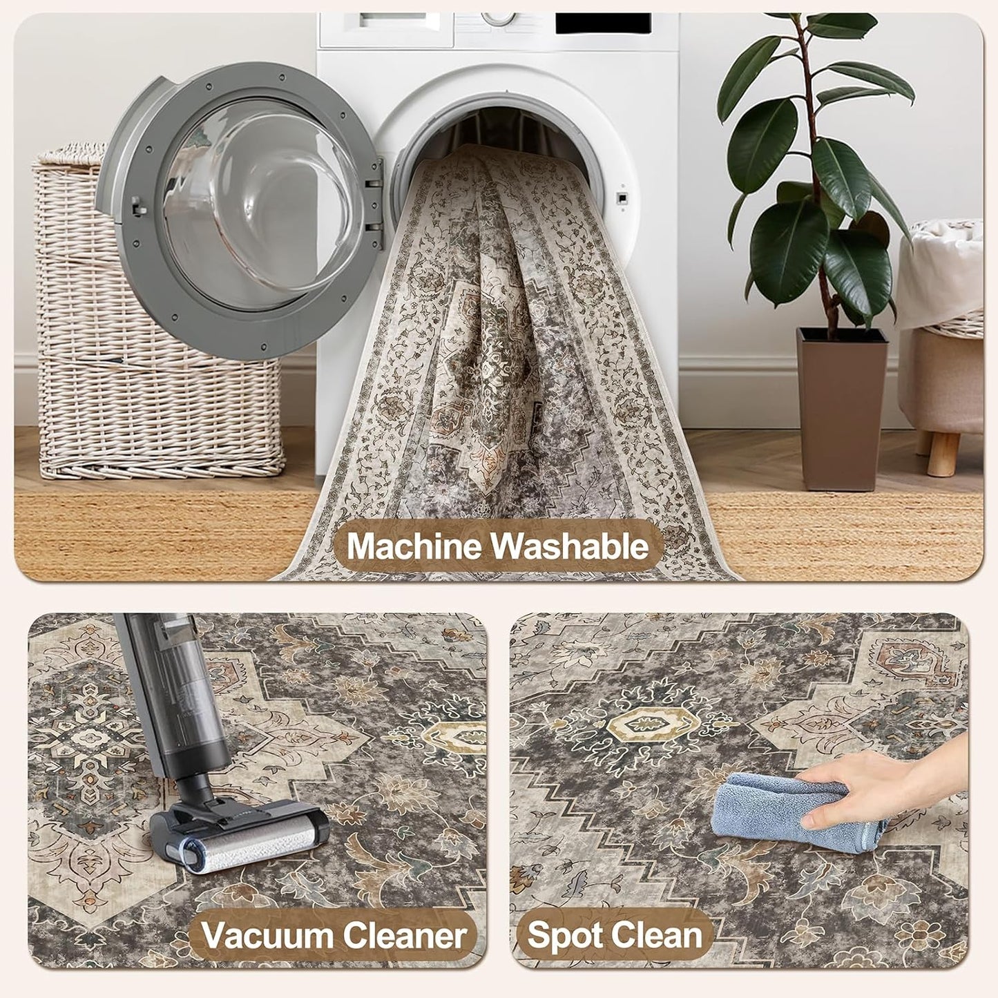 Tangsoo 2x10 Washable Runner Rug for Hallways, Non Slip Vintage Runner Rug, Soft Low Pile Long Runner, Print Distressed Brown/Grey Carpet Runners for Kitchen Bedroom Entryway Bathroom Living Room