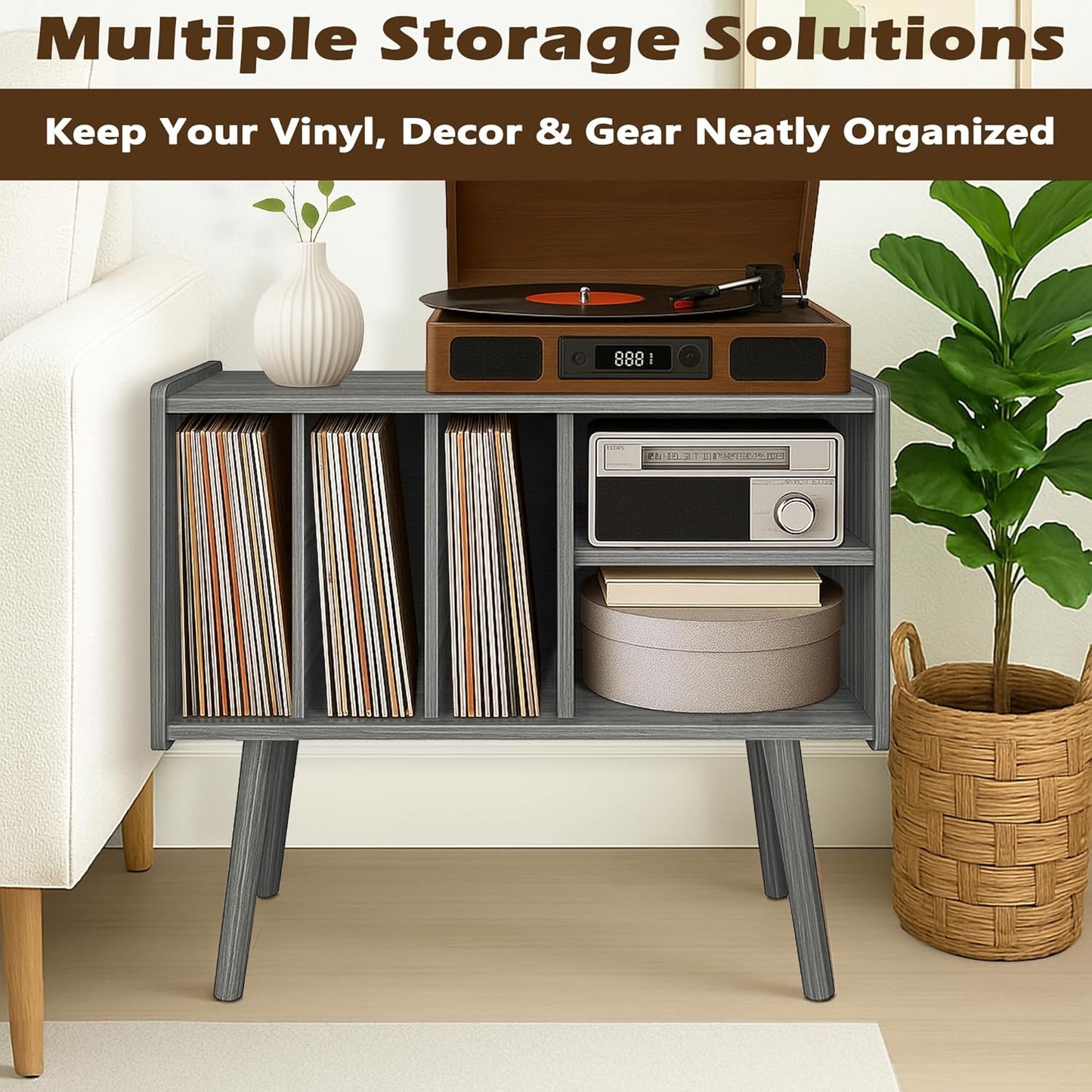 Record Player Stand with Vinyl Storage, Wooden Record Player Table with 5 Cabinet, Large Vinyl Record Player Stand, Record Player Holder, Record Player Shelf for Office Living Room, Gray