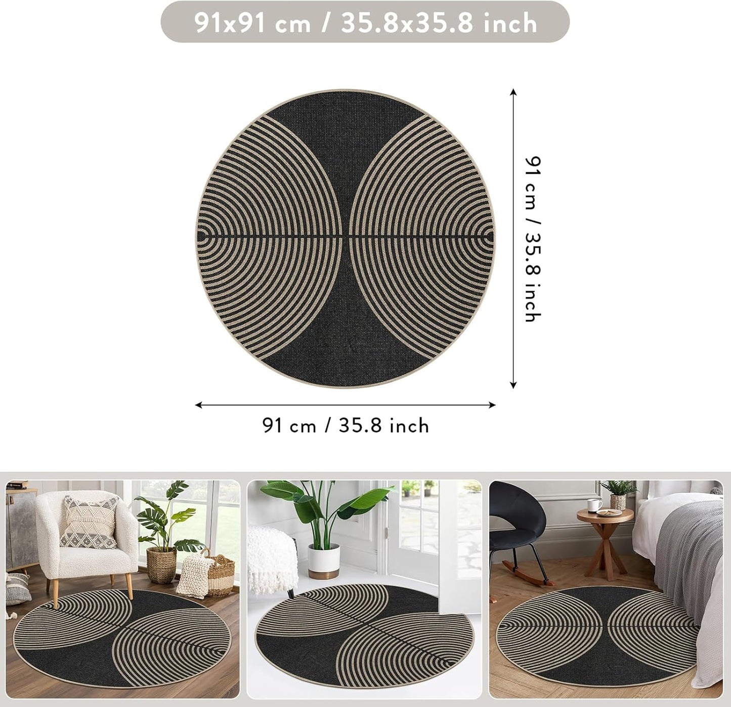 Lahome Modern Rainbow Round Washable Rug, 3ft Circular Indoor Outdoor Entryway Patio Rug, Farmhouse Non Slip Non Shedding Small Round Carpet for Bedroom Porch Living Room Decor
