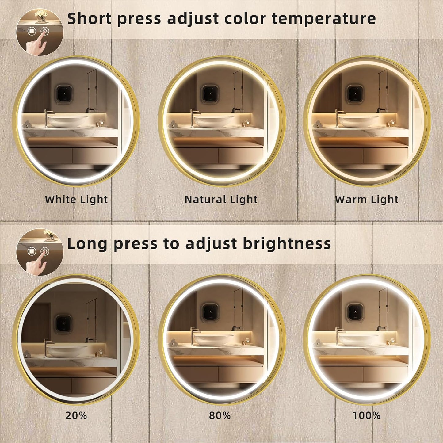 Hasipu 32 Round LED Mirror for Bathroom with Lights, Gold Circle Vanity Mirror for Wall, Metal Framed Frontlit Bathroom Mirrors Anti-Fog, Dimmable, 3 Colors Makeup Mirror Wall Mounted