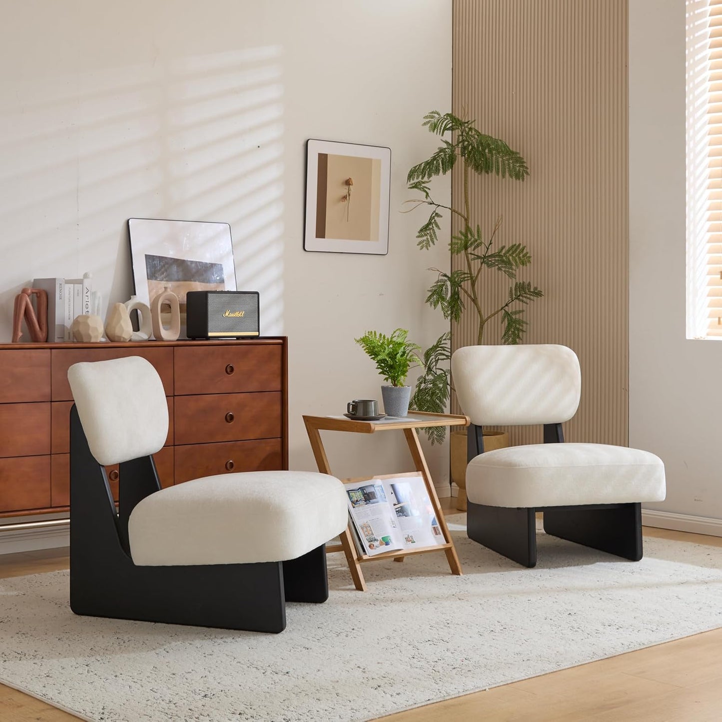 Christopher Knight Home Mores Low Profile Accent Chair Set of 2, Modern Living Room Armless Lounge Chair, Fabric Comfy Reading Chair for Bedroom, Wooden Frame and Thick Padded Seat, Black+White
