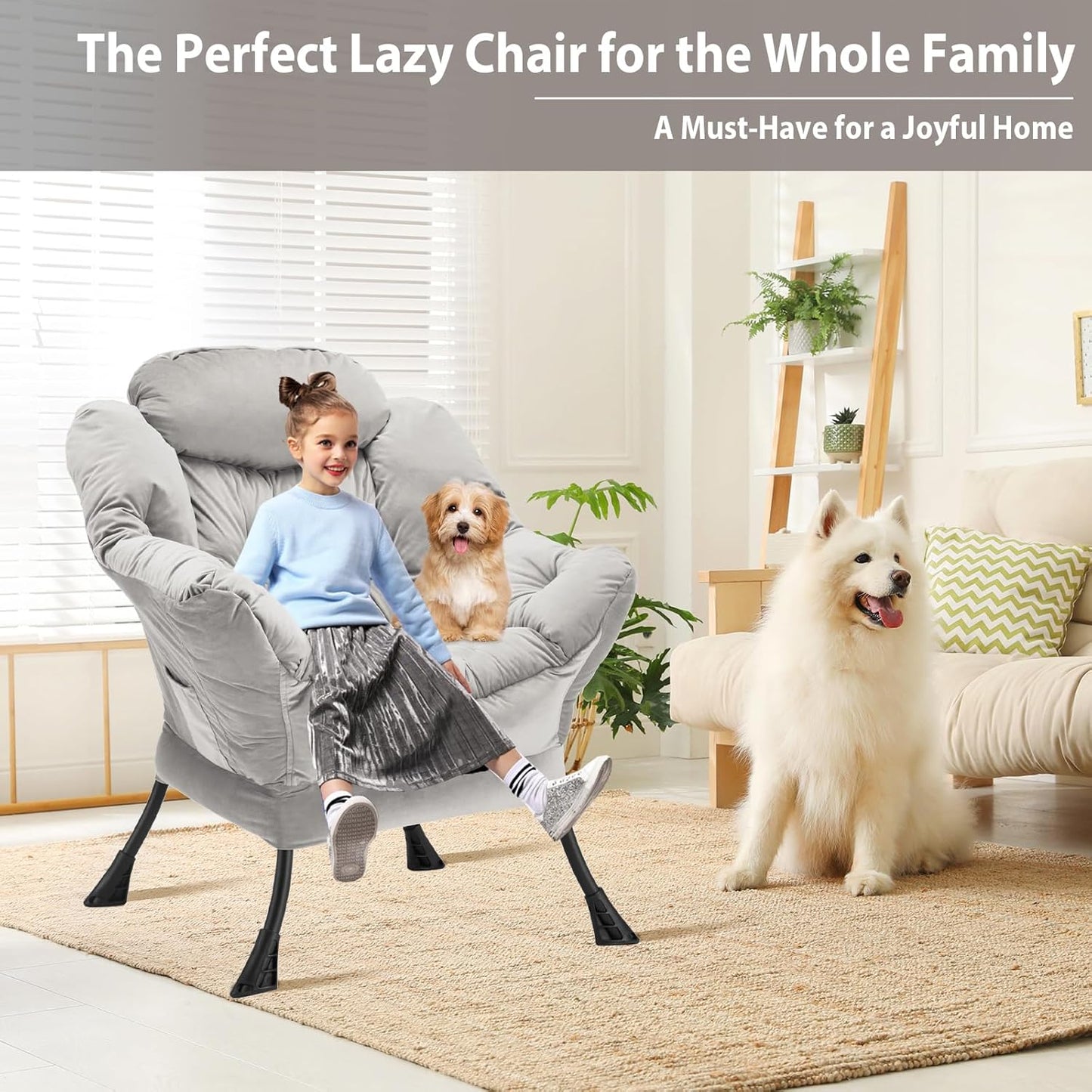 Lazy Chair Thick Padded, Comfy Velvet Accent Lounge Chair with Stable Frame, Leisure Sofa Armchair with Armrests and Side Pocket, Reading Chair for Bedroom, Living Room, Office, Light Gray