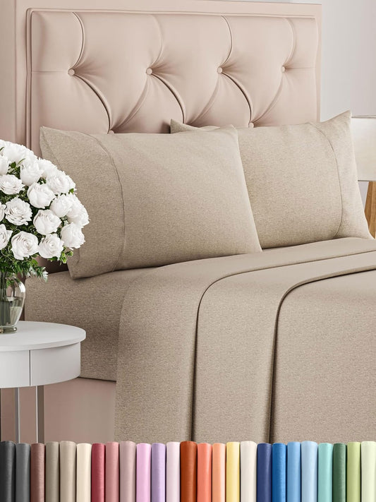 King Size 4 Piece Sheet Set - Comfy Breathable & Cooling Bed Sheets Set - Hotel Luxury Bedding for Women, Men, Kids, Teens, Boys & Girls - Deep Pockets, Soft & Wrinkle Free - Beige (Heathered Sheets)