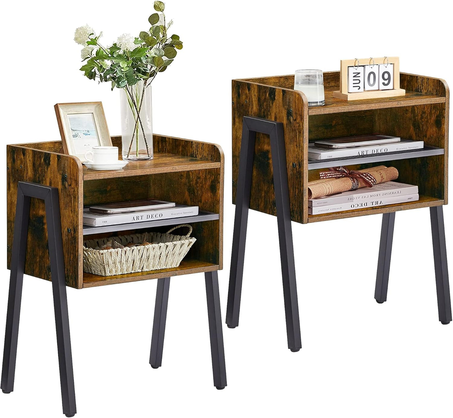 VECELO Nightstand Set of 2,Industrial Side End Table/Stackable Accent Furniture with 2-Tier Open Storage Compartments for Bedroom, Living Room and Small Spaces