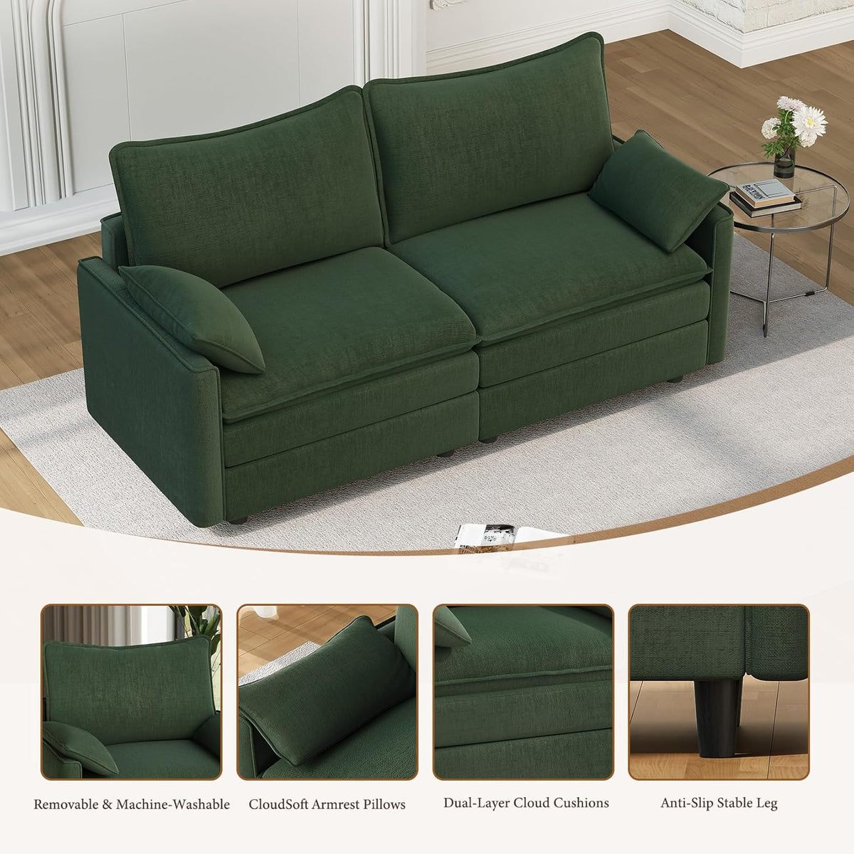 Vesgantti 74" Loveseat Sofa for Living Room, Comfy Cloud Couch Deep Seat Chenille Modern 2 Seater Small Sofa with Armrest Pillow, Easy Assembly for Small Spaces, Green