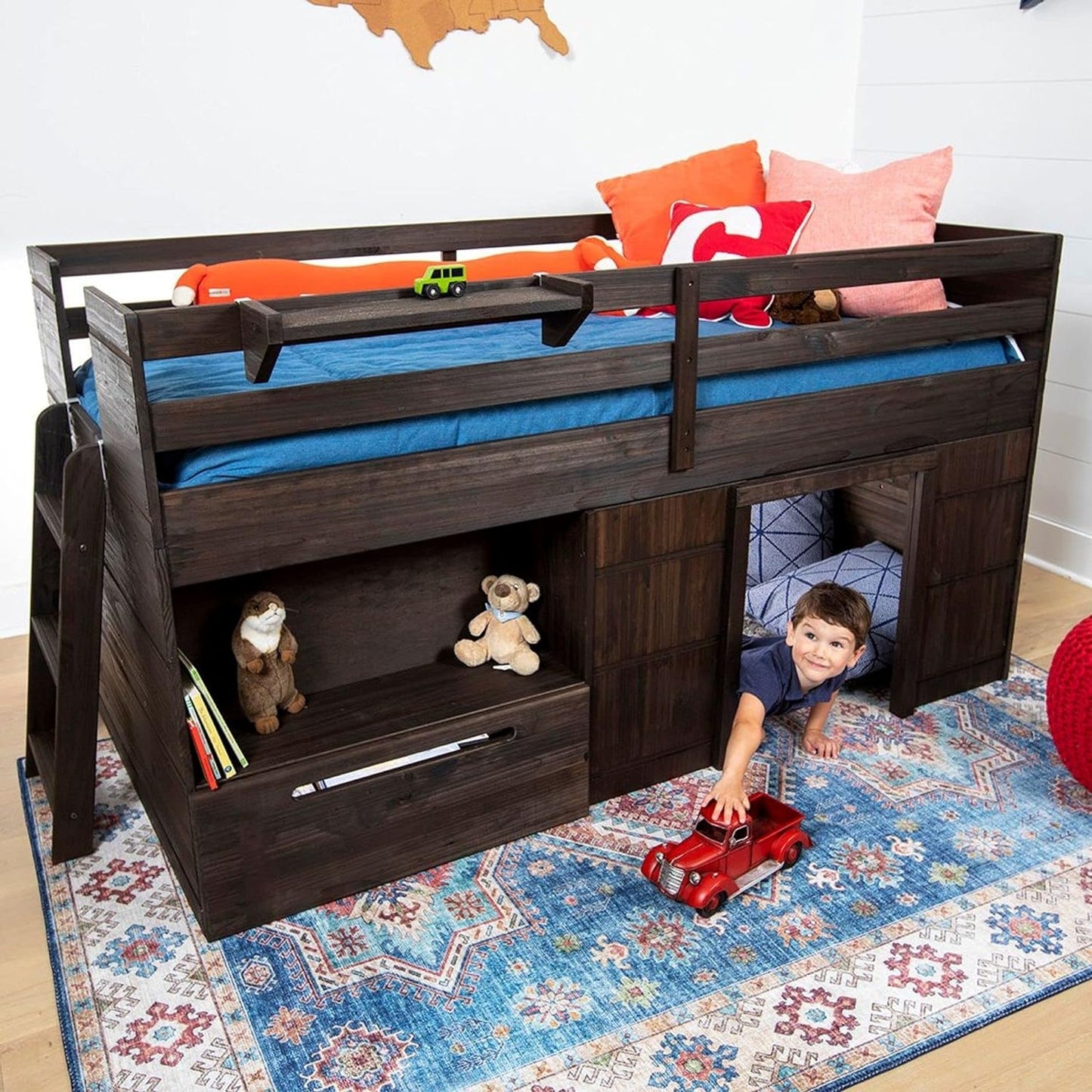 Max & Lily Loft Bed Twin Size, Solid Wood Low Loft Bed with Storage Drawer and Ladder, Modern Farmhouse Loft Bed for Kids, Barnwood Brown