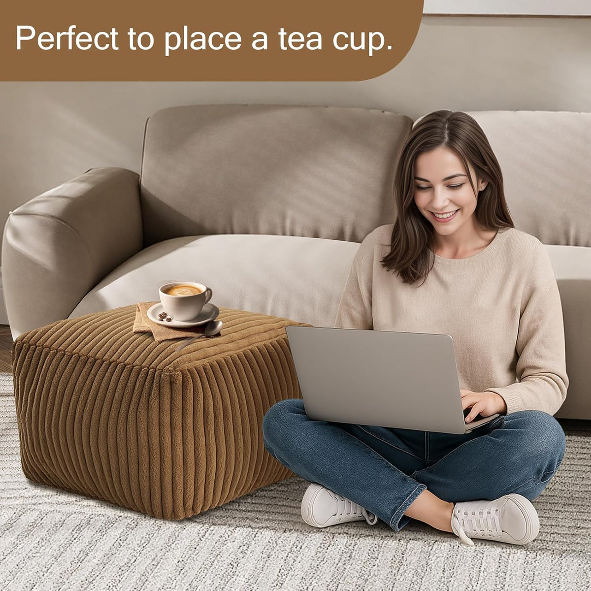MeMoreCool Square Stuffed Pouf Ottoman Foot Rest, Stripe Furry Floor Pouf Foot Stool with Foam Chunk Filling, Soft Fluffy Stuffed Ottoman Footrest for Living Room, Faux Fur Coffee