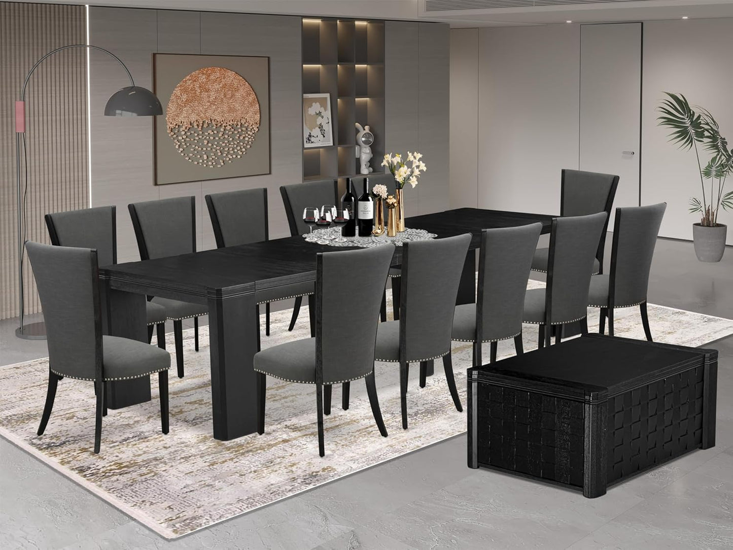 X12VE-0C6-50 - 14-Pc Dining Room Set a Rectangular Dining Table with a coffee Table and 12 Dark Gotham Grey Linen Fabric kitchen Chair, 39x120 Inch, Wire Brushed Black
