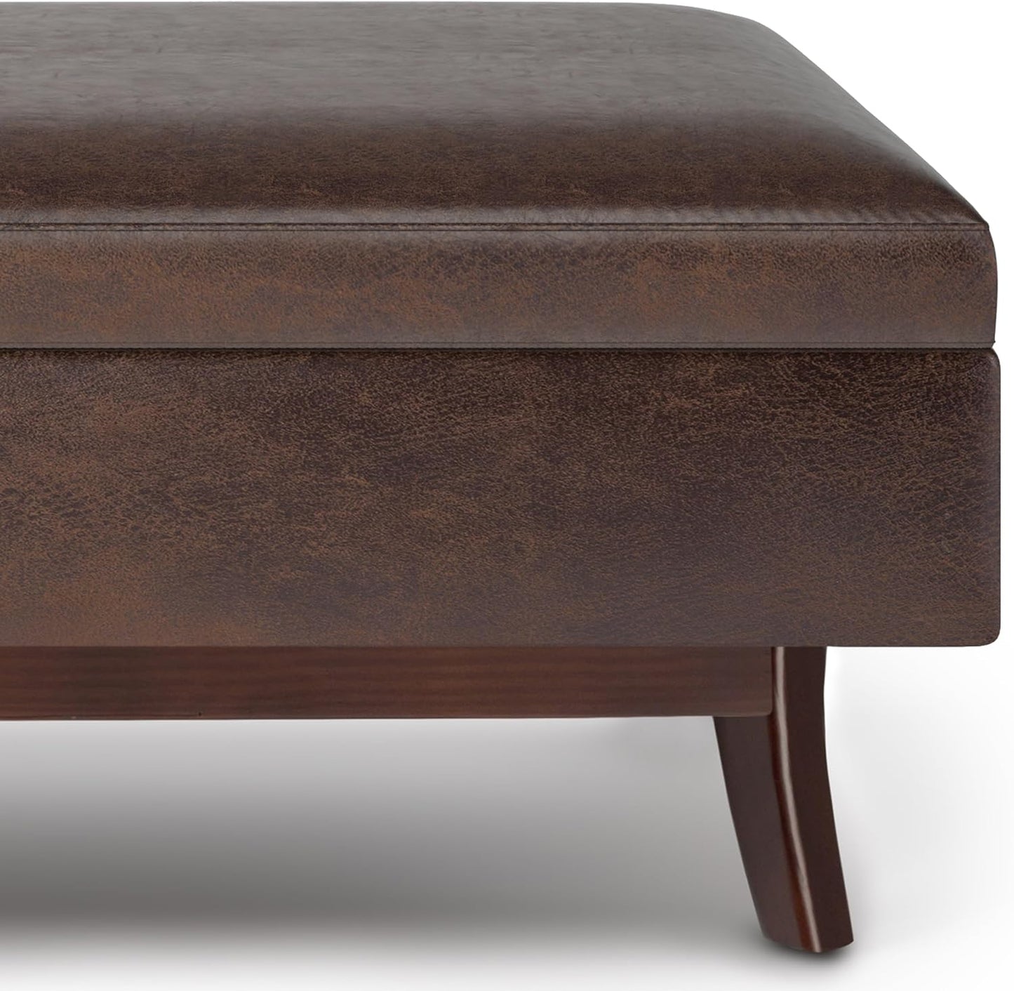 SIMPLIHOME Owen 48 inch Wide Mid Century Modern Rectangle Rectangular Storage Ottoman in Distressed Chestnut Brown Vegan Faux Leather, Assembled, For the Living Room, Entryway and Family Room