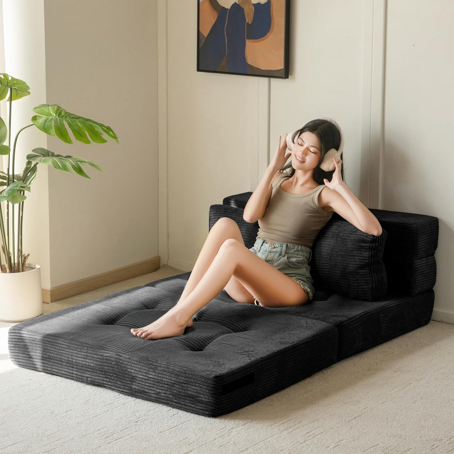 MAXYOYO Convertible Sofa Bed, Fold Out Loveseat Sleeper Sofa with Pillow, 4 in 1 Tufted Folding Couch Bed Foam Floor Couch, Lazy Chair for Living Room Bedroom Guest Room, Black