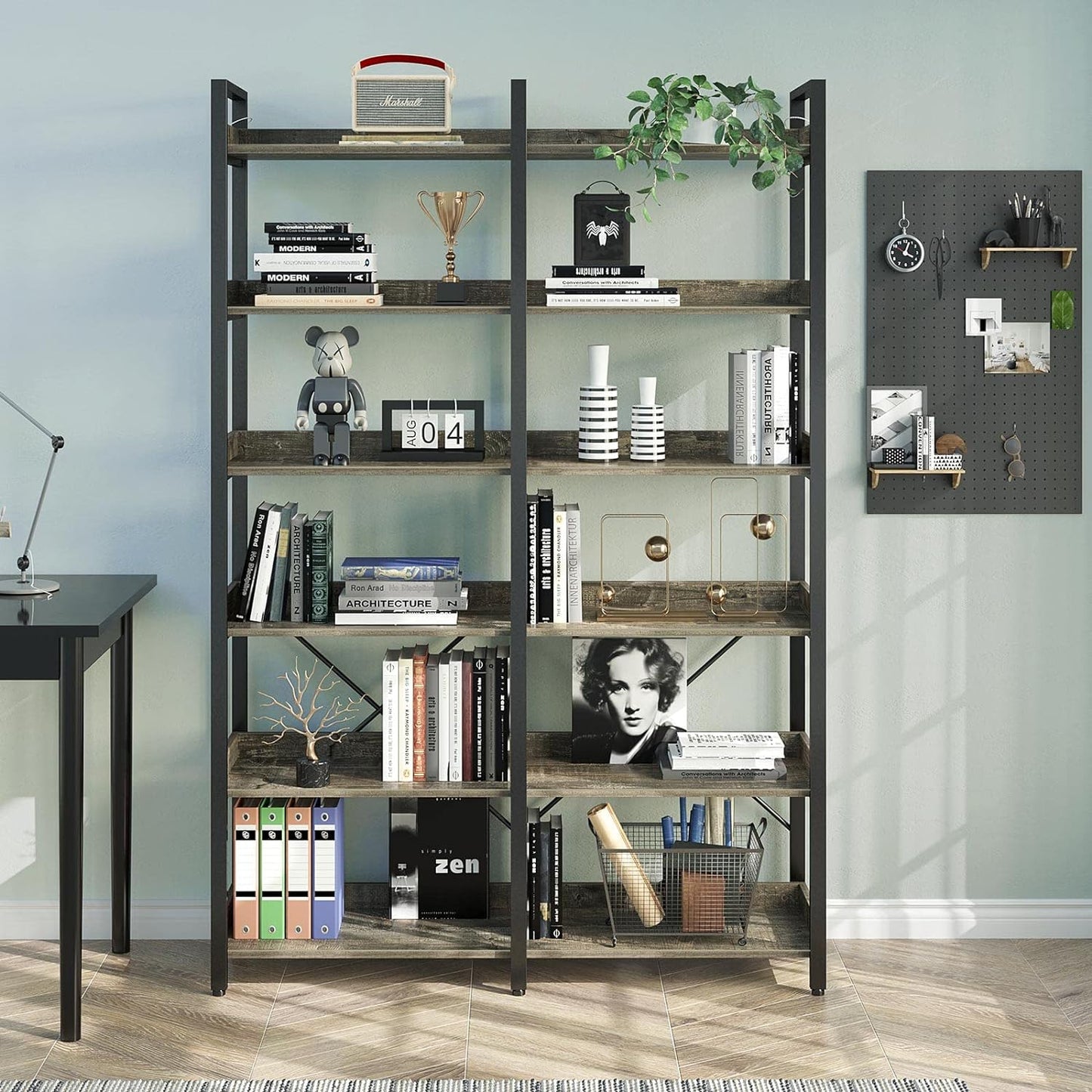 Seventable Bookshelf 6 Tier with 4 Hooks，67”Industrial Wooden Bookcase, Vintage Storage Rack with Open Shelves, Rustic Standing Bookshelves Metal Frame 43.3” Wide Display Rack, Gray