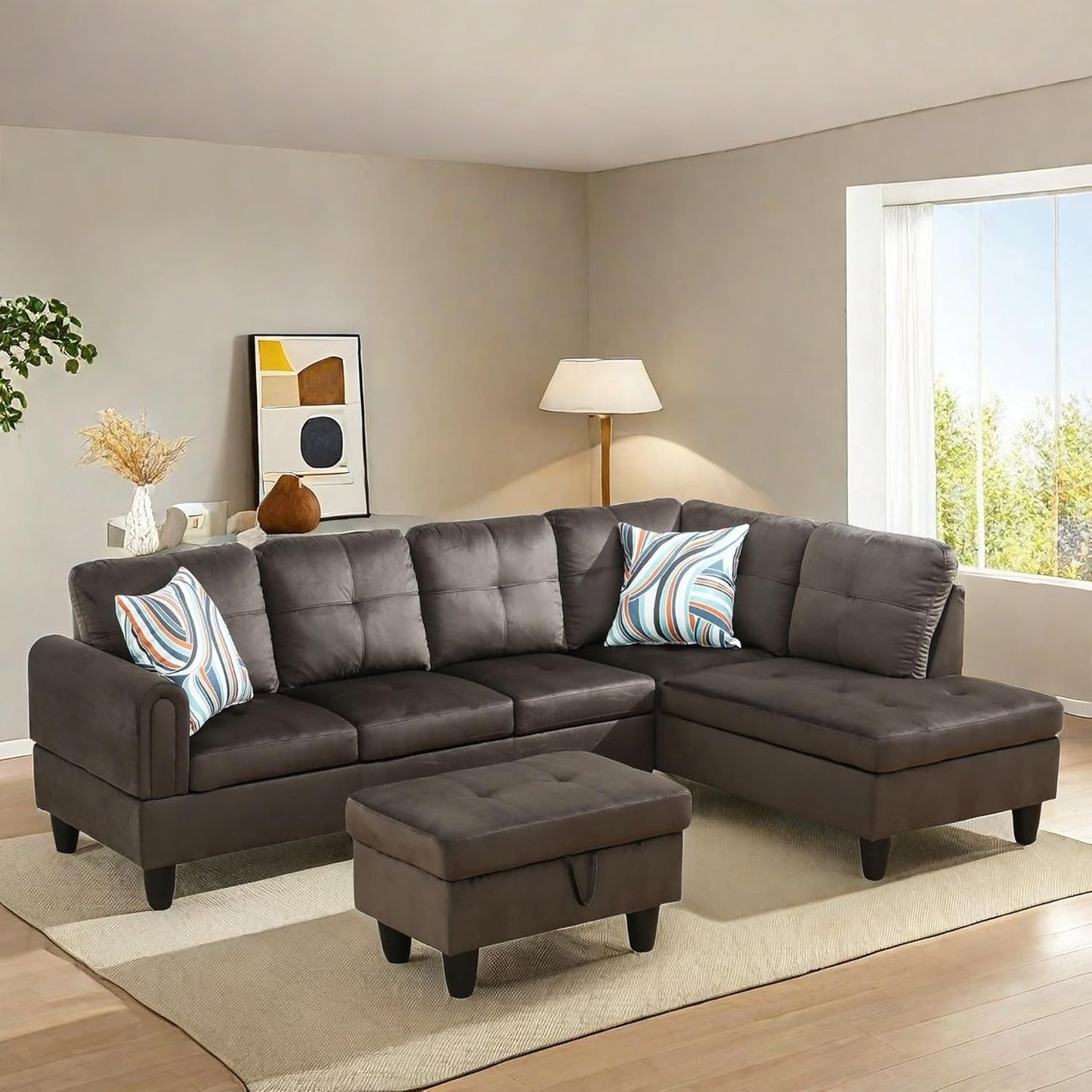 NAYSAYE Sectional Couch with Ottoman Storage, L Shaped Couch Sofa Furniture Sets, Modern Comfy Modular Comfy Sofa for Living Room Bedroom, Office and Apartment, Brown