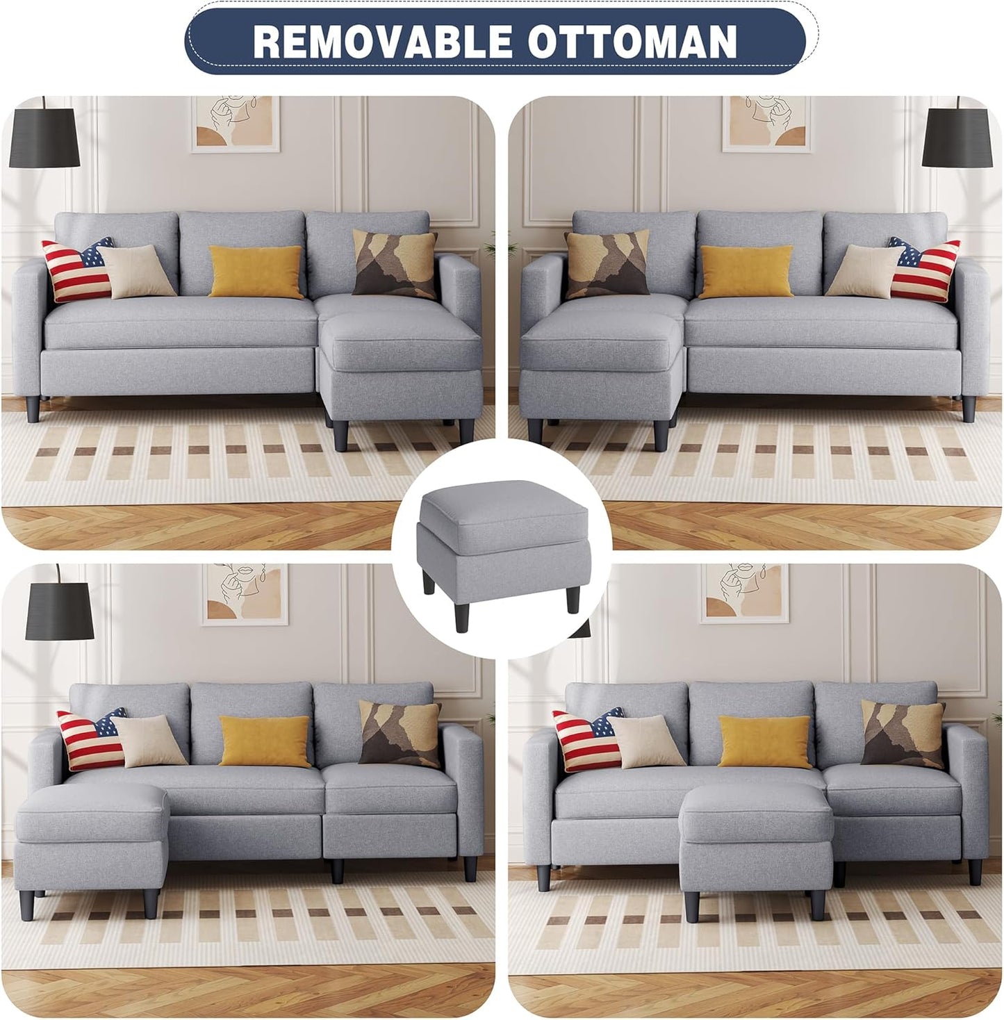 Small Sectional Sofa Couch, 3 Seat L Shaped Couches with Ottoman, Upholstered Fabric Convertible Sofa, Small Couch for Apartments, Living Room and Office (Light Grey)