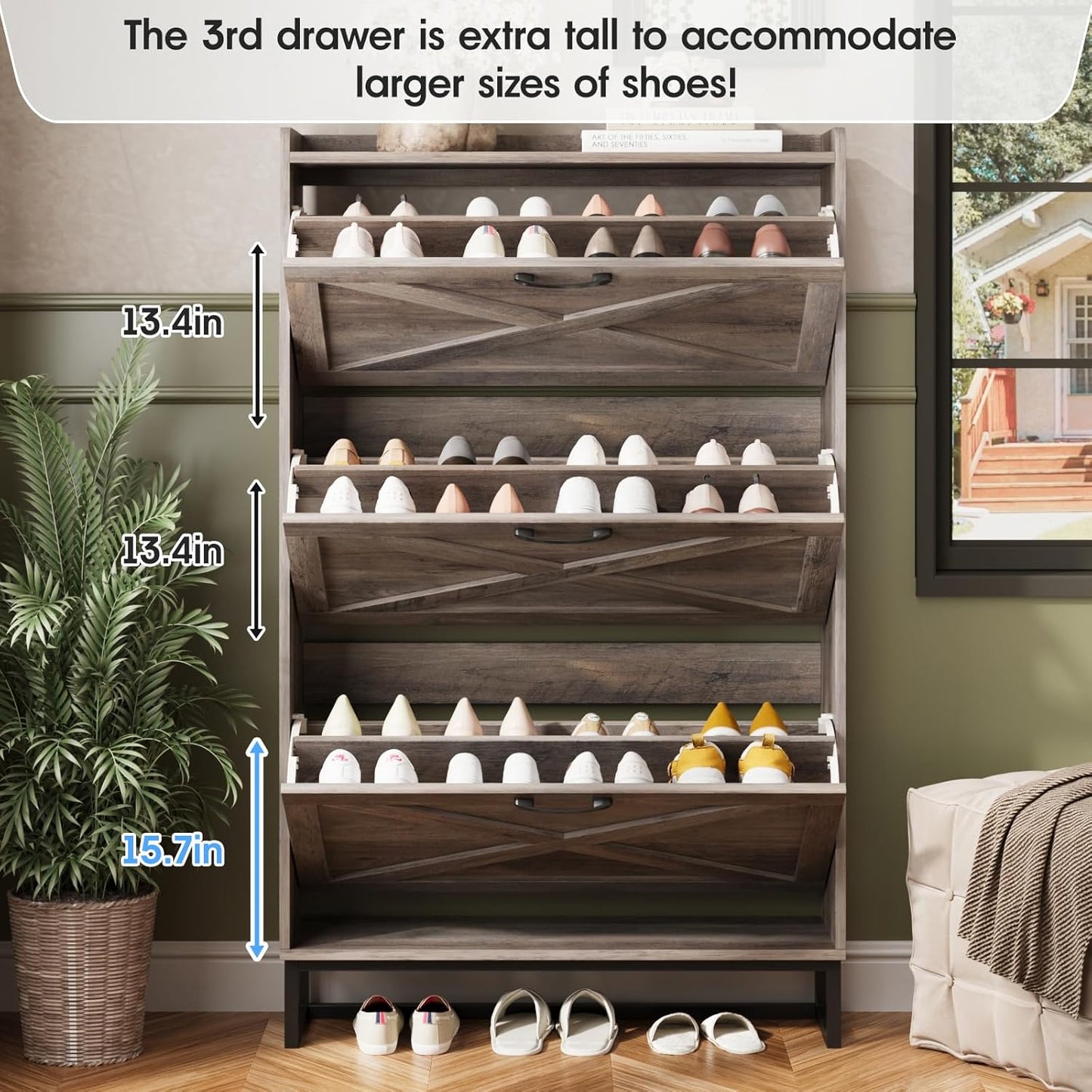 Maupvit Shoe Storage Cabinet with 3 Flip Drawers, Freestanding Organizer with Metal Legs for Entryway, Narrow Shoe Rack Cabinet, Washed Gray