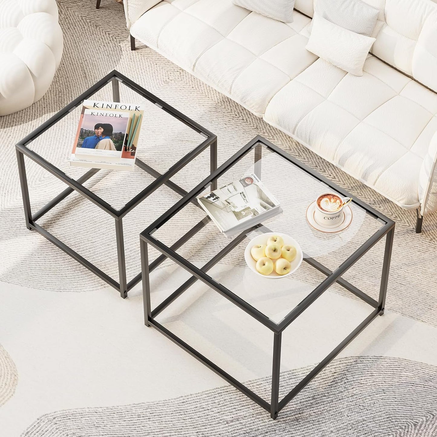 Garden 4 you Coffee Table Set of 2, Modern Glass Nesting Table, Metal Frame Square Center Table Set, Side Tables, Nesting Coffee Table for Living Room, Bedroom and Small Spaces, 23.6in Black