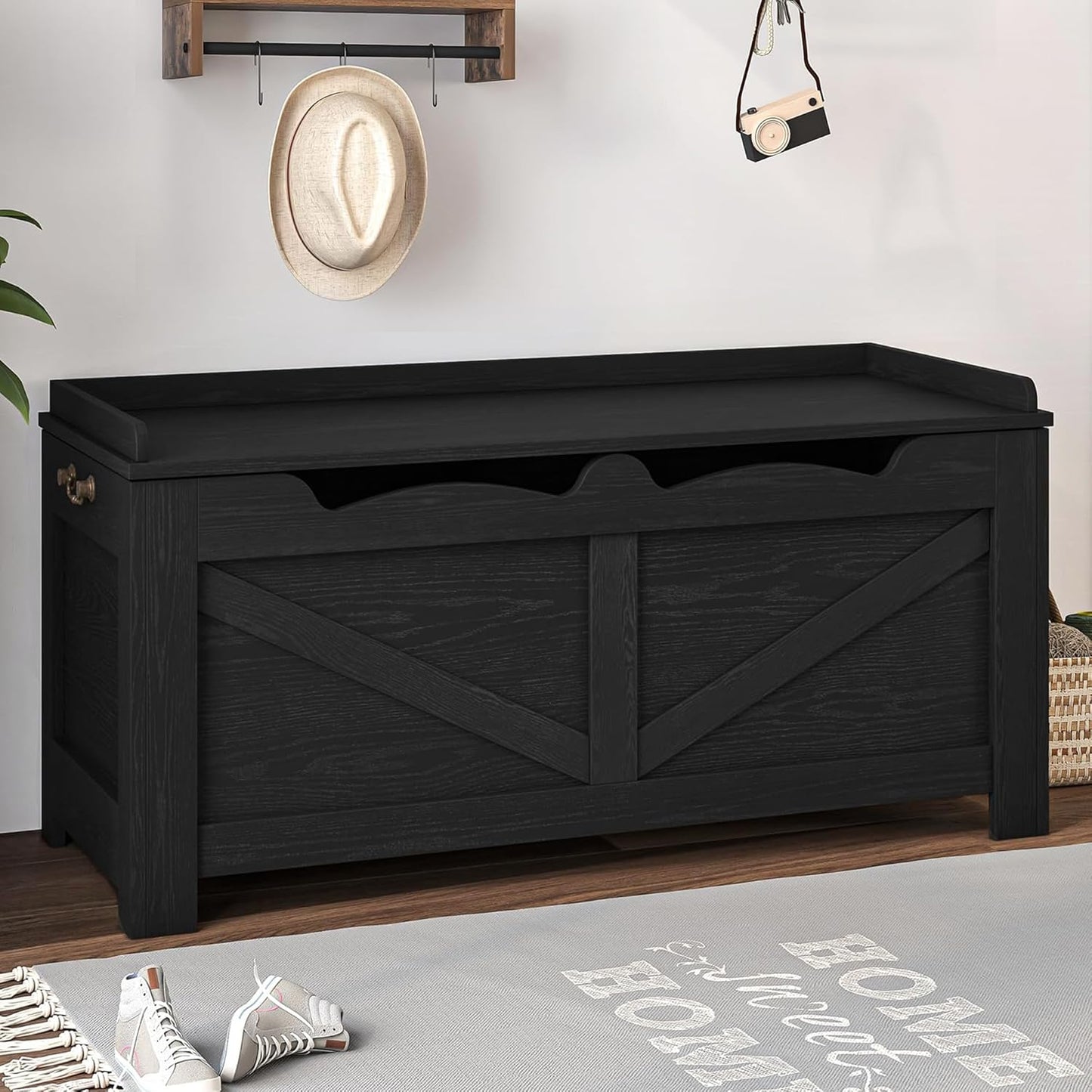 39.4" Storage Bench, Storage Chest, Lift-Top Storage Trunk with 2 Safety Hinges, Wooden Storage Box Chest Organizer for Bedroom, Entryway, Living Room, Black SB04504X