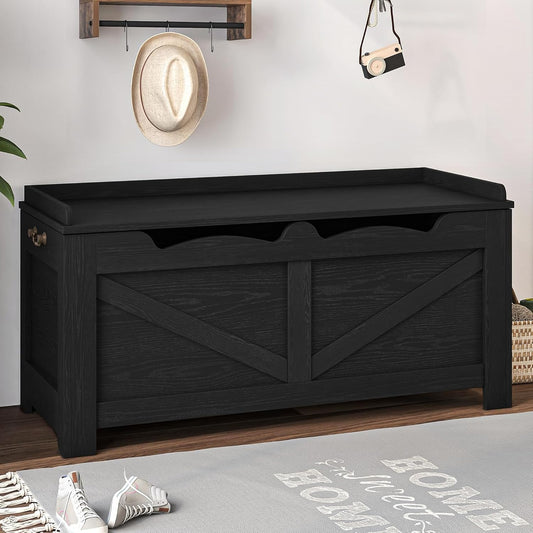 39.4" Storage Bench, Storage Chest, Lift-Top Storage Trunk with 2 Safety Hinges, Wooden Storage Box Chest Organizer for Bedroom, Entryway, Living Room, Black SB04504X
