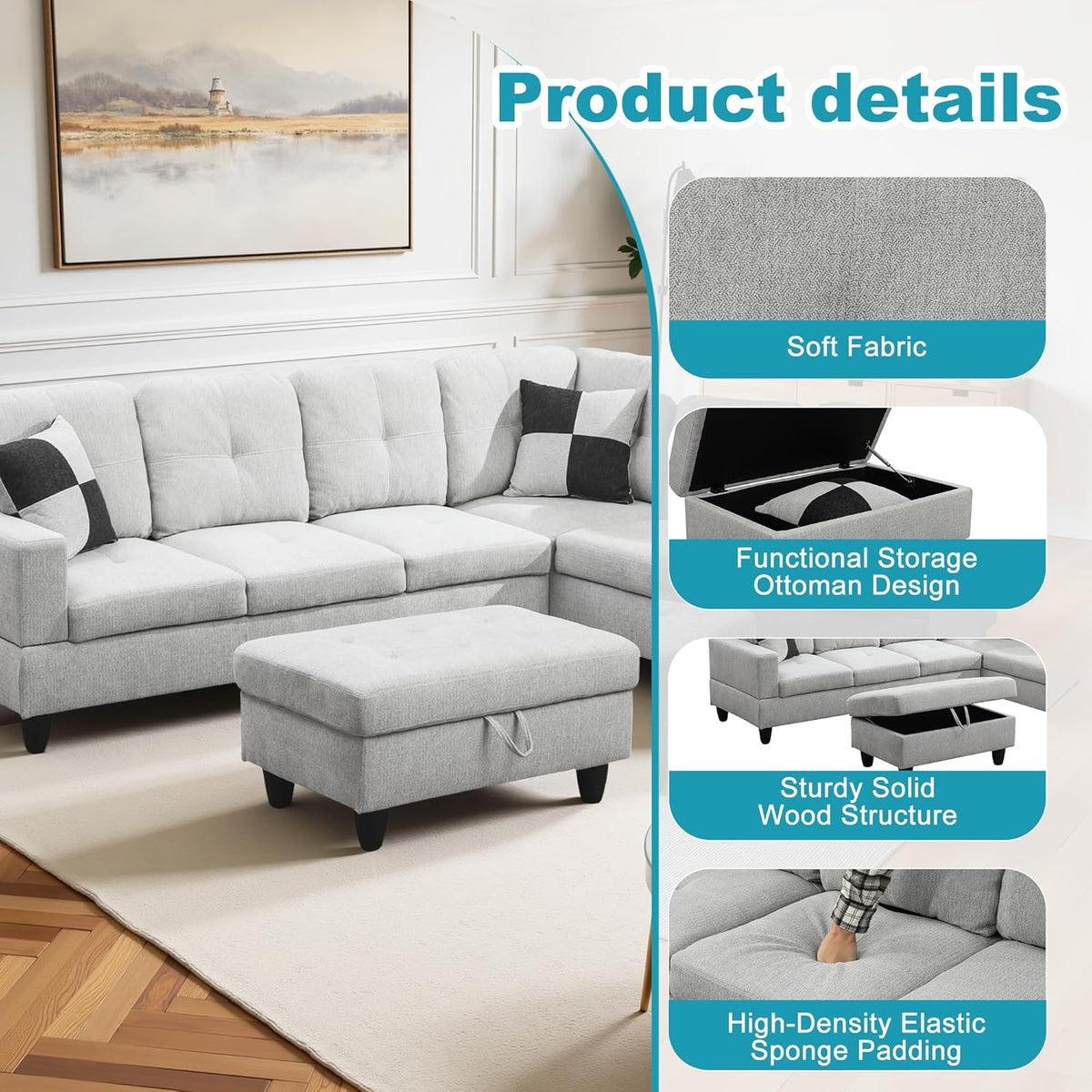 Couches for Living Room Modern L Shaped Couch Comfy Flannel Fabric 3 Pieces Sectional Sofa with Chaise, Ottoman with Storage for Office and Small Apartment, Light Grey