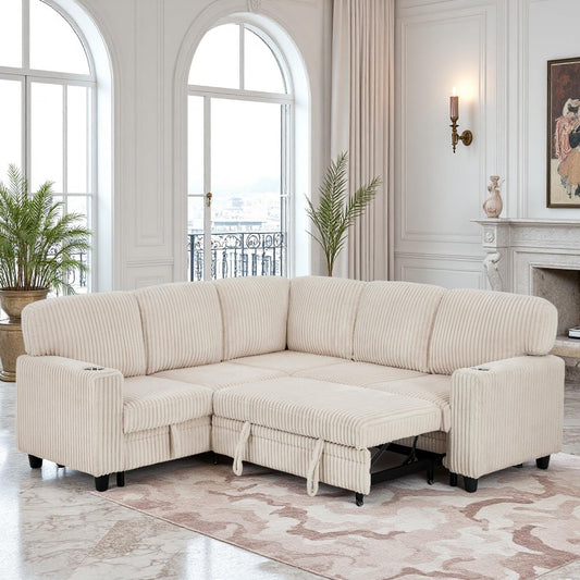 Couch, L-Shaped Sleeper Sofa with Storage, Sectional Couches for Living Room, 5-Seat Couch with Pull Out Bed, Convertible Sofa with USB Charging, for Living Room, Apartment, Beige