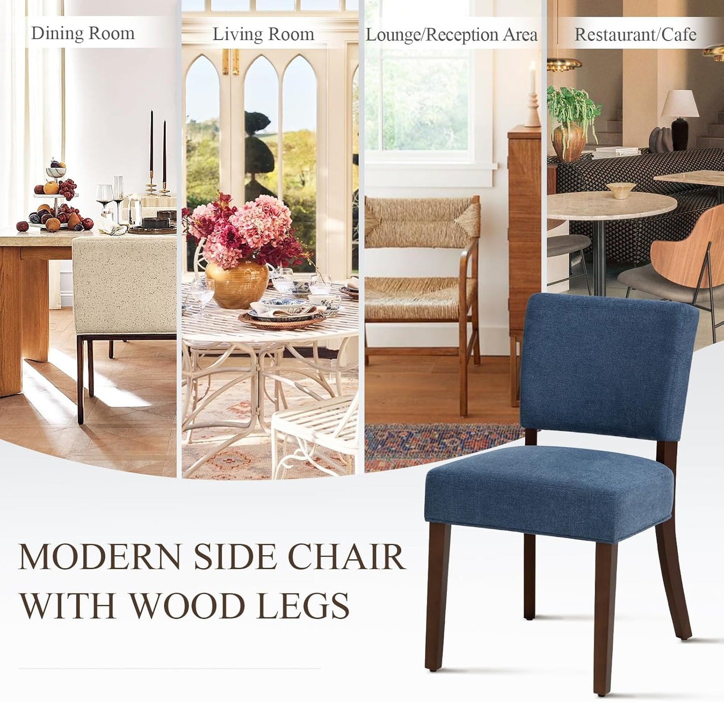 COLAMY Mid Century Modern Dining Chairs Set of 4, Upholstered Kitchen Chairs with Back, Farmhouse Fabric Side Dining Room Chairs with Wood Legs for Dining Room Kitchen Restaurant, Blue