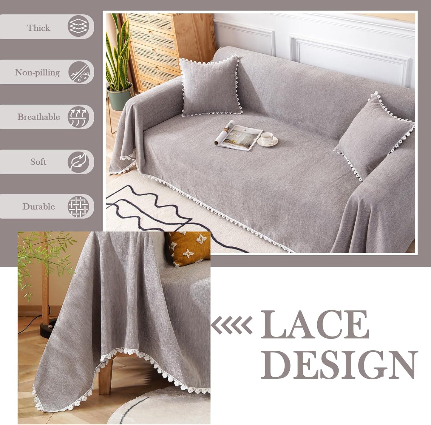 HANDONTIME Couch Cover for Dogs Grey Sectional Couch Covers for 3 Cushion Couch Sofa Flower Lace Sofa Covers Machine Washable Easy Install Futon L Shaped Couch Cushion Covers for Cat Kids, 71" X134"
