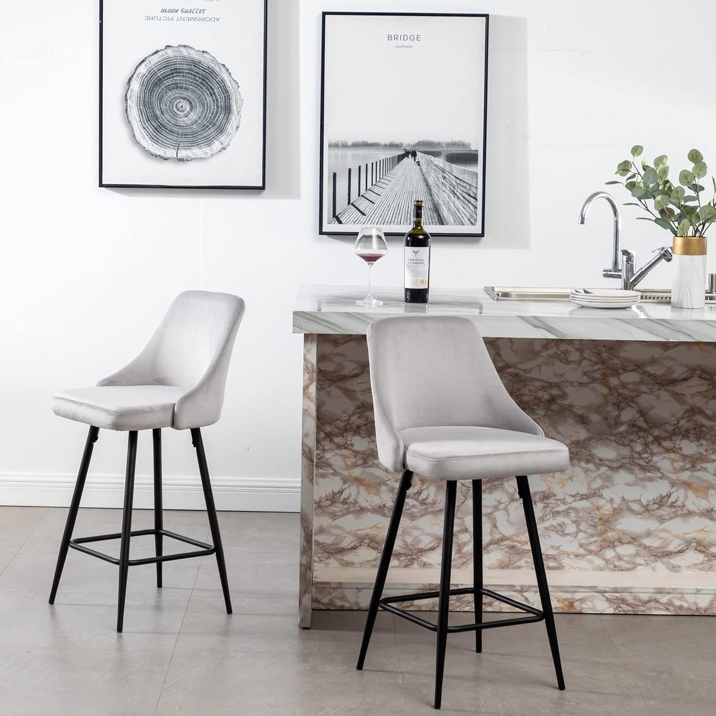 BTEXPERT® Set of 2, Premium upholstered Dining 25" High Counter Back Stool Bar Chairs, barstools Pack Gray Velvet
