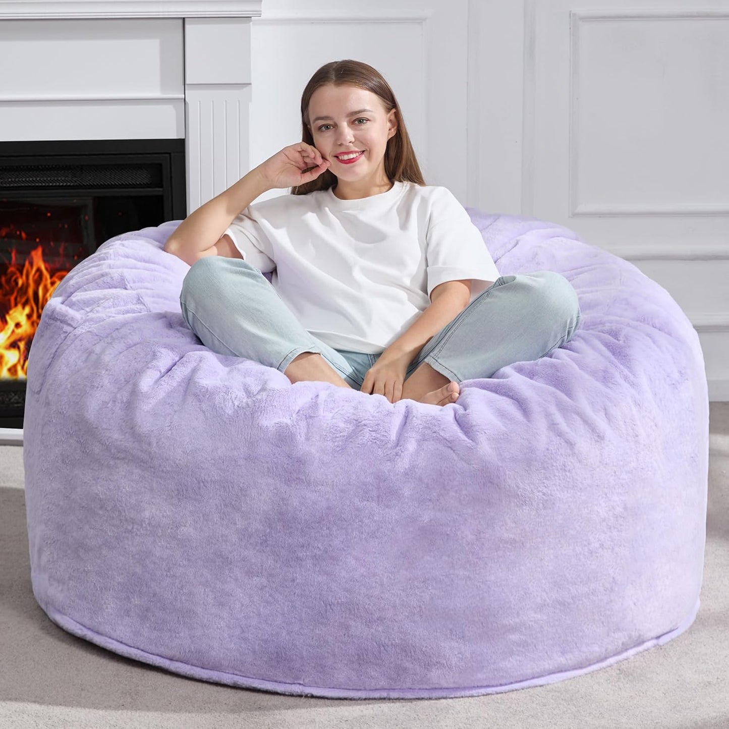 Hobestluk 5ft Bean Bag Chairs for Adults Large Beanbag Chair with Plush Faux Fur Cover Big Bean Bag Chair for Living Room Bedroom Dorm Office - Purple (50” x 50” x 24”)