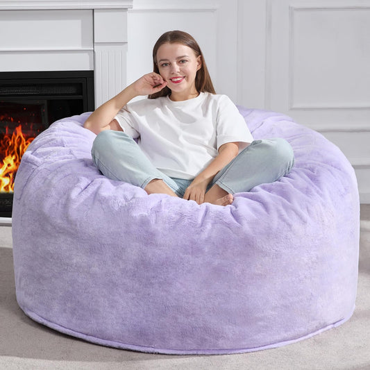 Hobestluk 5ft Bean Bag Chairs for Adults Large Beanbag Chair with Plush Faux Fur Cover Big Bean Bag Chair for Living Room Bedroom Dorm Office - Purple (50” x 50” x 24”)