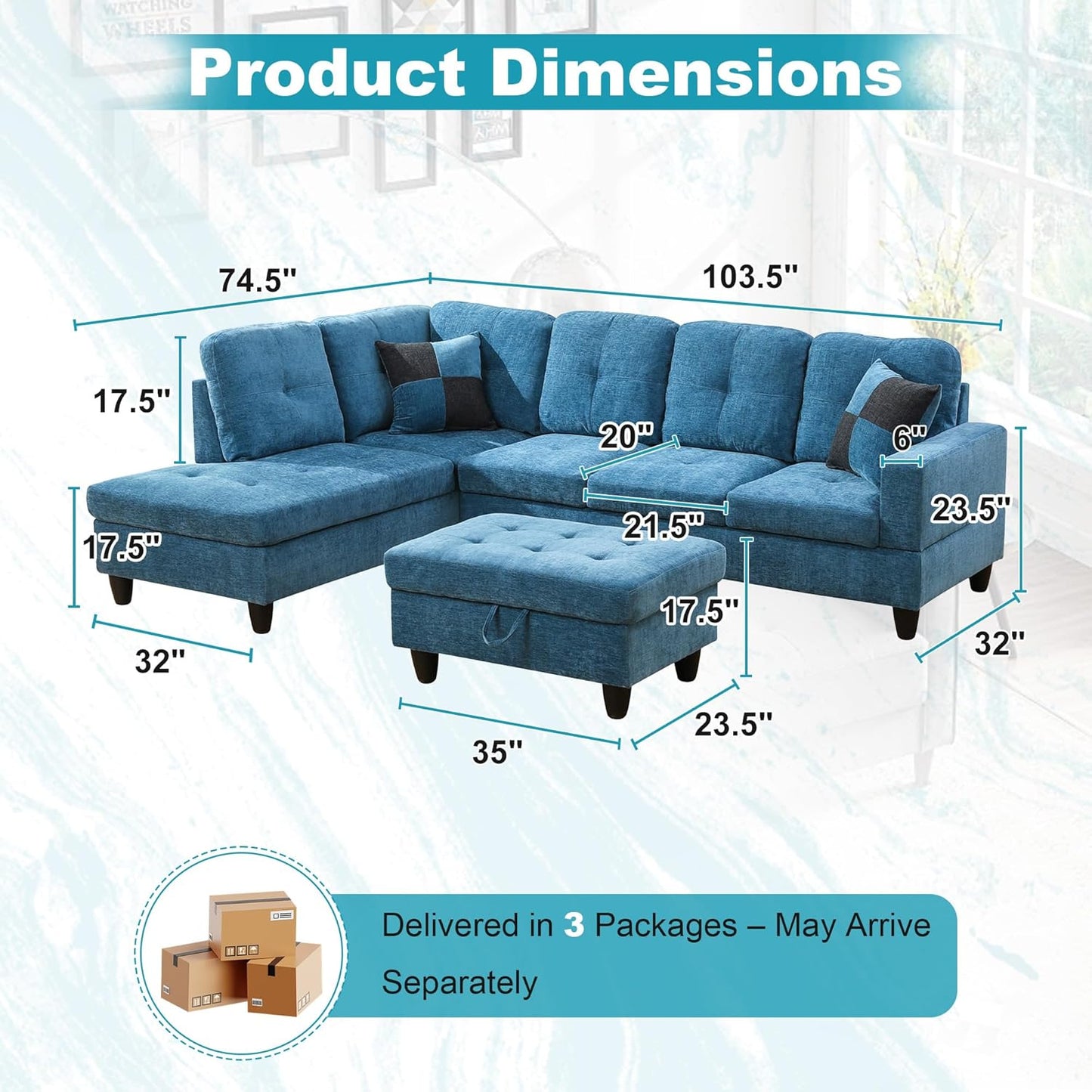 103.5" Oversized Sectional Couch, L Shaped Couch with Storage Ottoman, Modern Modular Sofa with Deep Seat, Sectional Couches for Living Room and Office, Blue (Flannel)