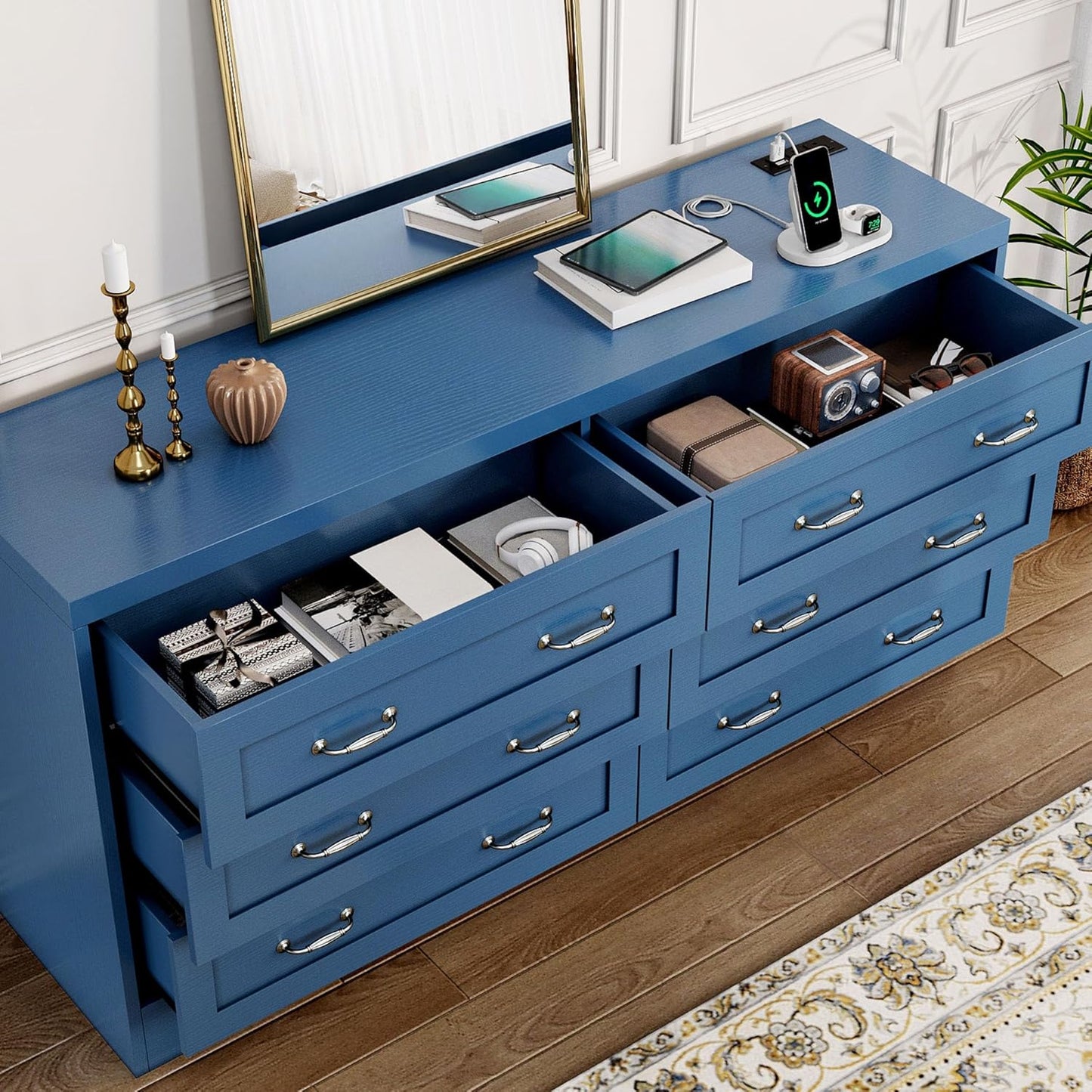 YITAHOME Drawers TV Stand for 65 inches with Power Outlets -Chest of Drawers Dresser with Side Organizer Bag Entertainment Center TV Console, Blue