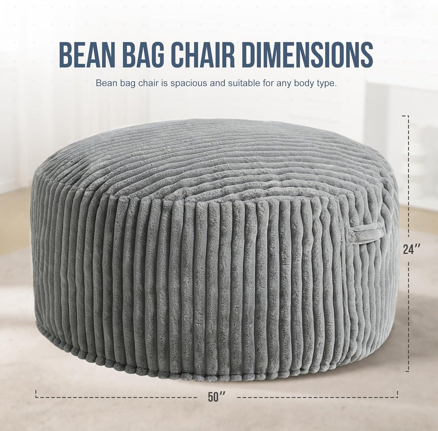 Hobestluk 5ft Bean Bag Chairs for Adults Large Beanbag Chair with Stripe Plush Cover Big Bean Bag Chair for Living Room Bedroom Dorm Office -Grey (50” x 50” x 24”)
