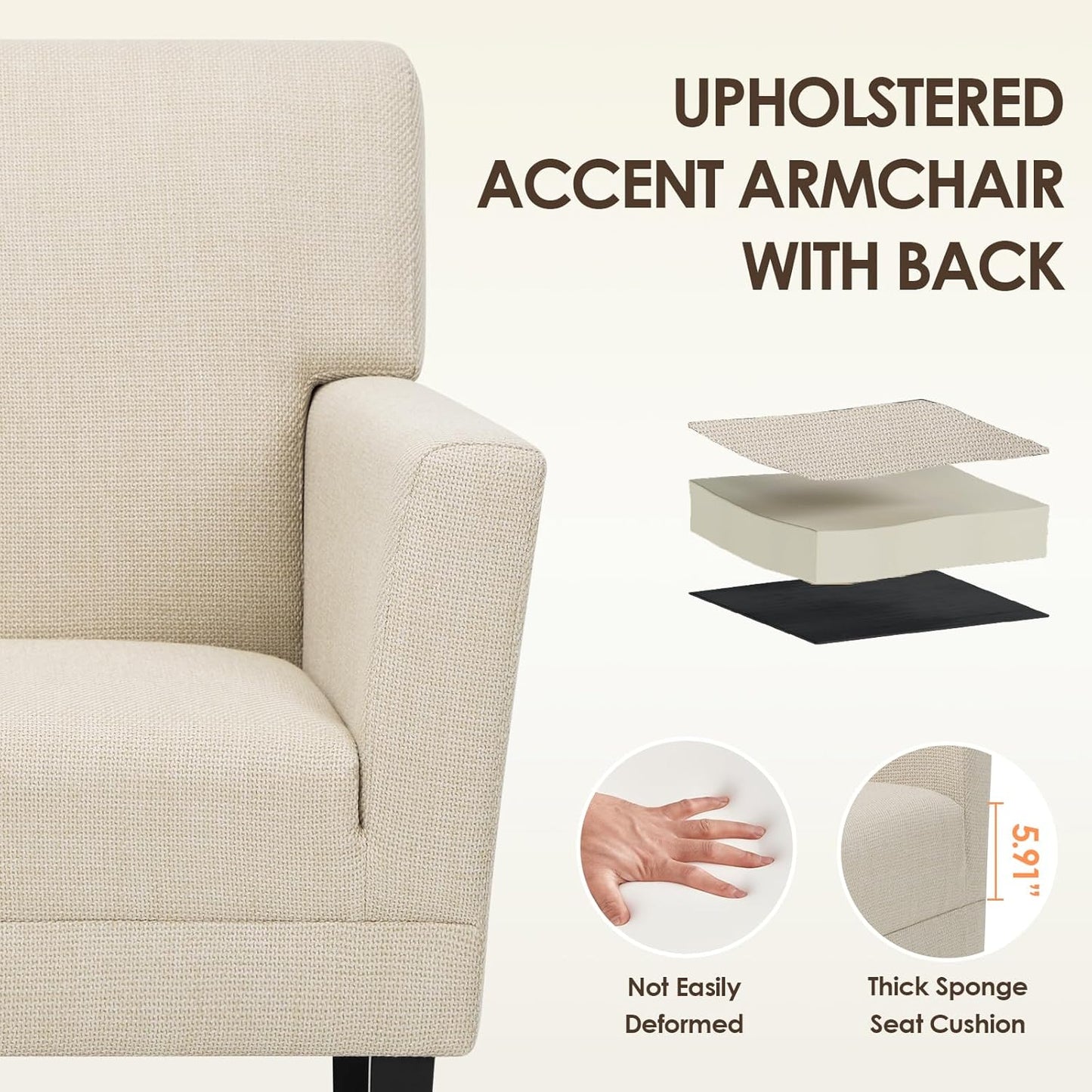 COLAMY Accent Chair Set of 2 for Living Room, Modern Upholstered Fabric Accent Armchair with Back, Soft Single Sofa Chair with Arms for Bedroom/Office/Reception Room, Oatmeal
