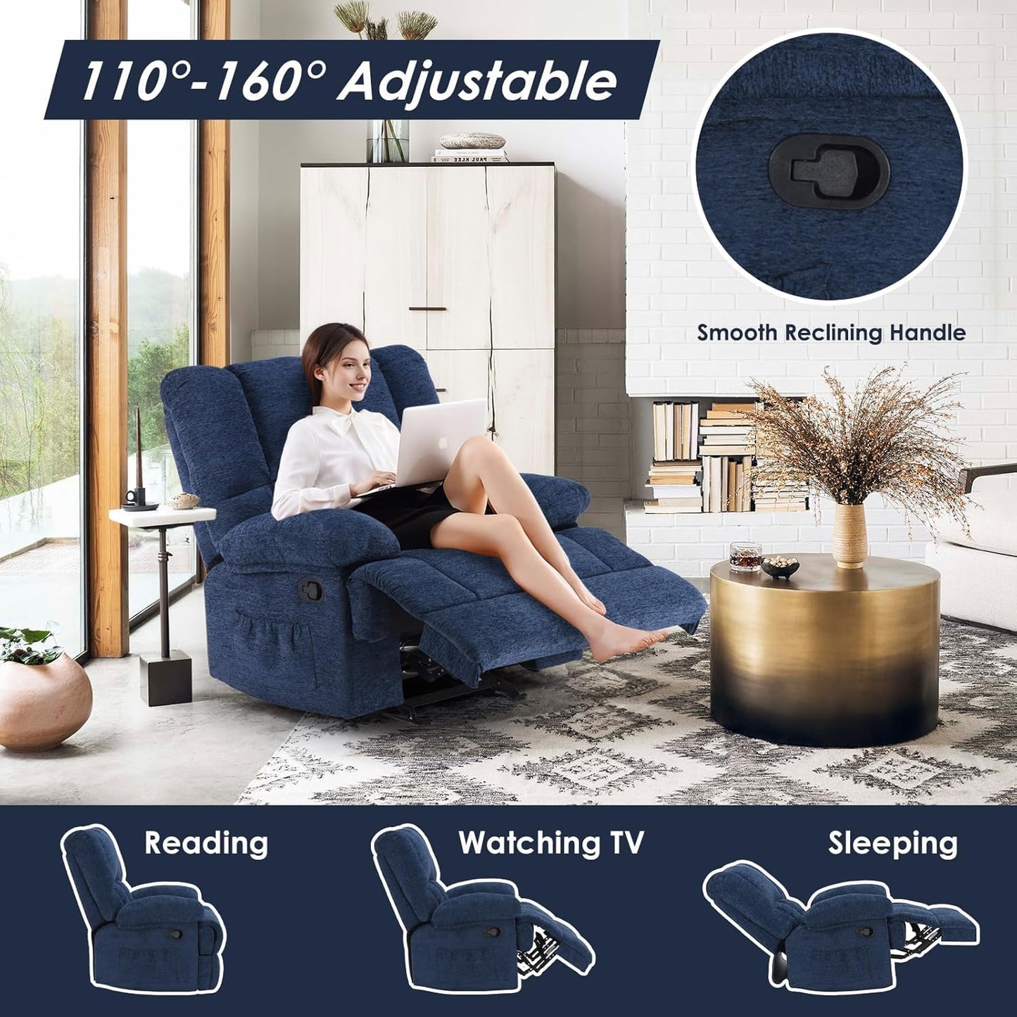 Oversized Rocker Recliner Chair, Wide Rocker Chair with Adjustable Backrest Footrest, Oversized Recliner for Adults, Reclining Sofa for Living Room, Blue