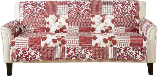 Great Bay Home Patchwork Scalloped Printed Furniture Protector Stain Resistant Sofa Cover (Sofa, Burgundy)