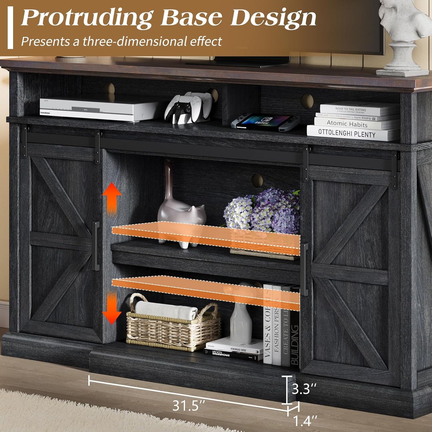 66" Farmhouse TV Stand with Sliding Barn Doors, 40" Tall Entertainment Center for 75 Inch TVs, Rustic Media Console Table Storage Cabinet w/Soundbar & Adjustable Shelves, Living Room, Dark Gray