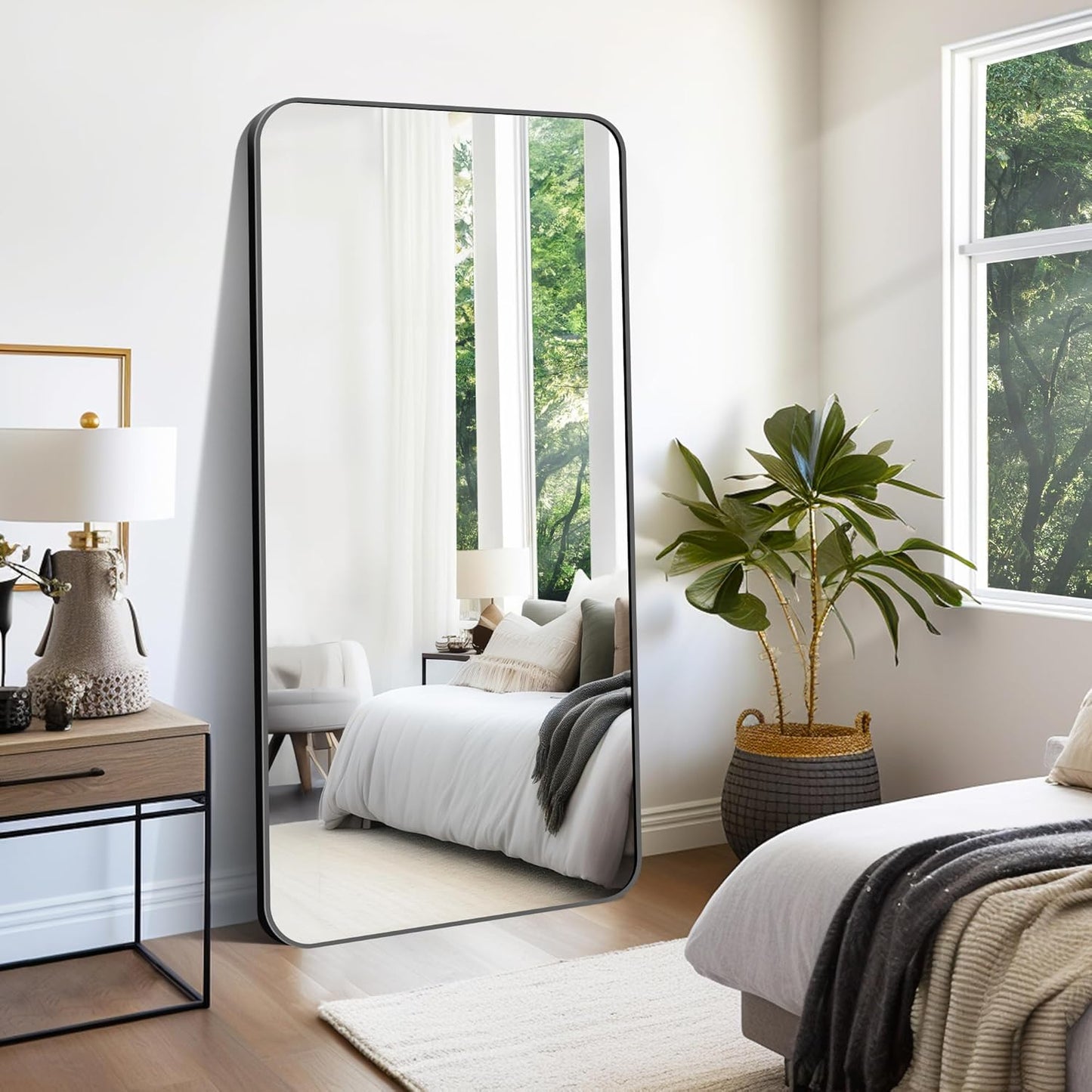 FORBATH Large Bathroom Mirror 72x36 Inches, Black Oversized Wall Mirror for 2 Sinks Aluminum Frame Full Length Rounded Corner Morndern Mirror for Bathroom Bedroom Entryway Living Room