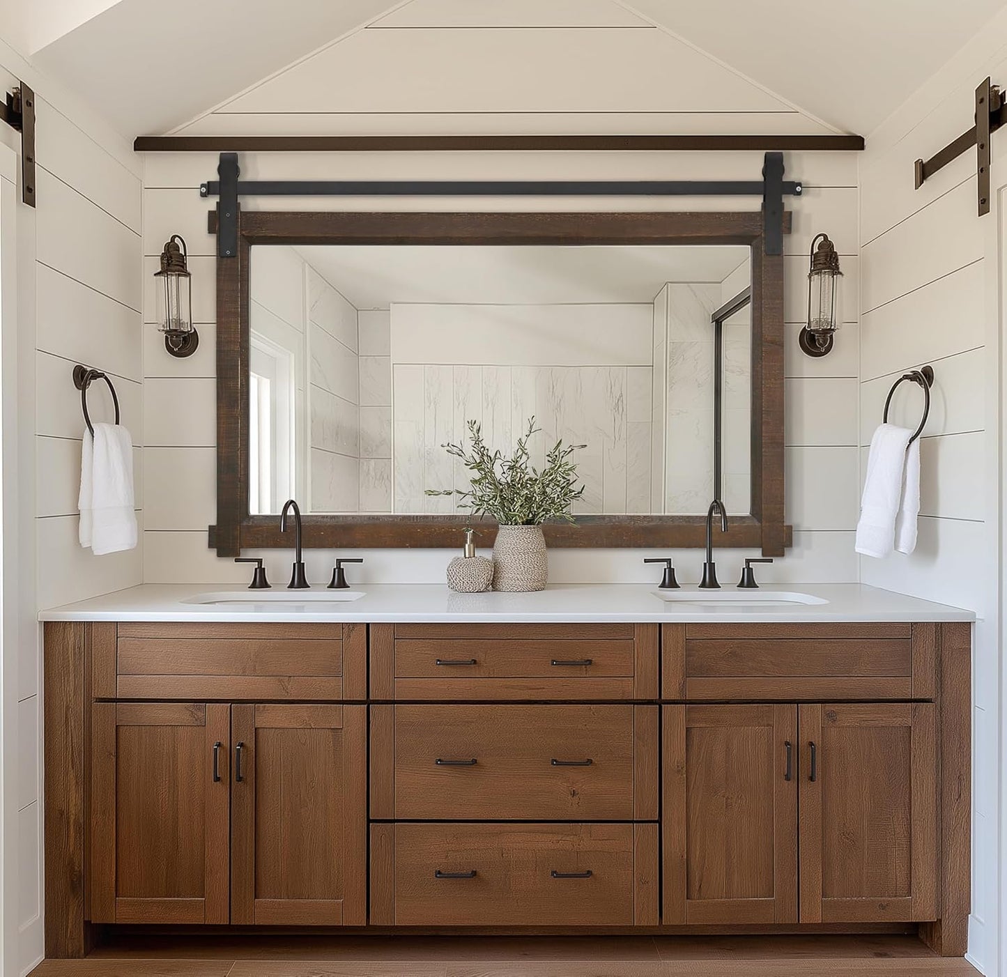 Bathroom Barn Door Mirror: 42"x28" Brown Farmhouse Wood Frame - Rustic Wall Mirror for Entryway/Living Room Wall Decor