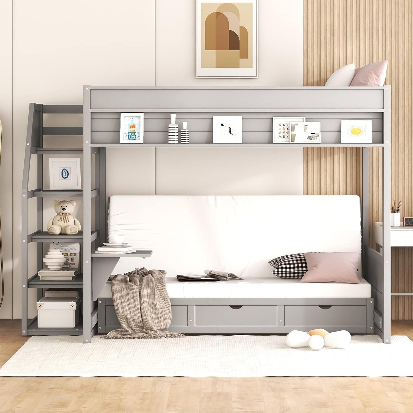 Full Size Wood Bunk Bed with Storage Staircase, Bedside Table, and 3 Drawers,Convertible Down BedFrame,No Box Spring Required,for Kids Boys Girls Teens, Gray