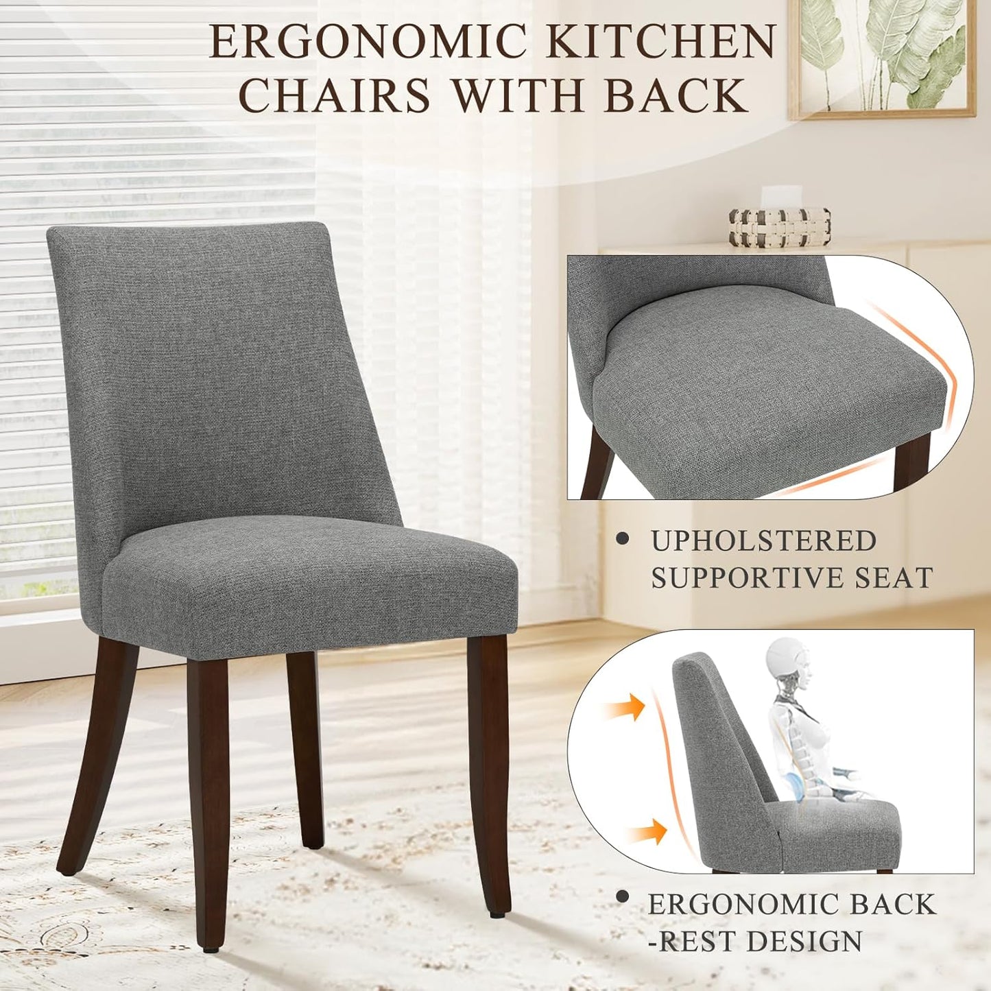 COLAMY Upholstered Dining Chairs Set of 6, Mid Century Modern Kitchen Chairs with Back, Farmhouse Fabric Side Dining Room Chairs with Wood Legs for Dining Room Restaurant, Light Grey