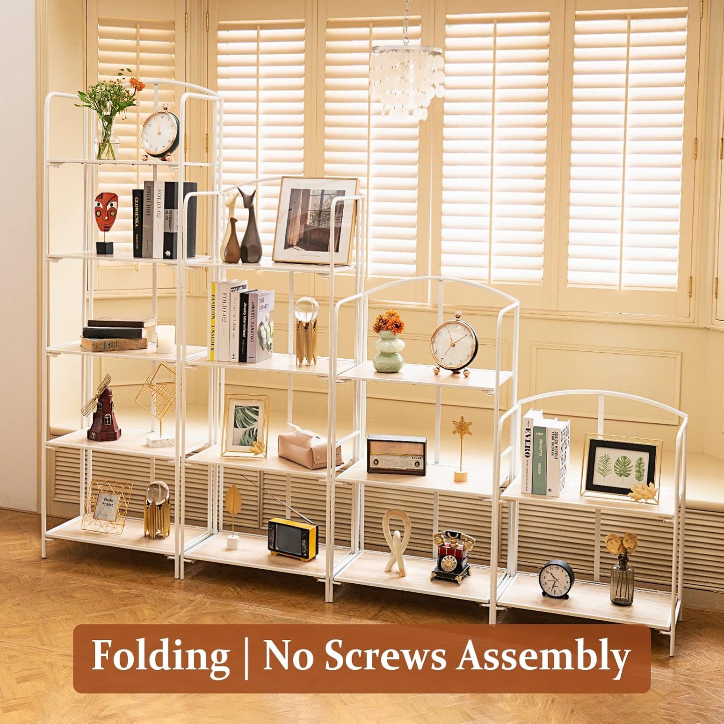 Crofy No Assembly Folding Bookshelf for Living Room, 4 Tier White Collapsible Book Shelf for Home Office, Portable Bookcase Storage Organizer