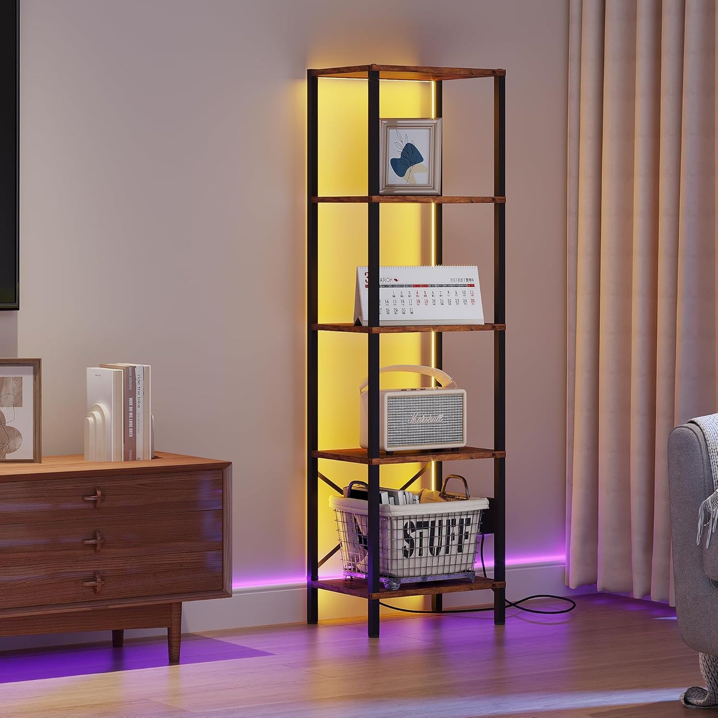 5-Tier Bookshelf, Tall Narrow Bookcase with LED Lights, Book Shelf with Steel Frame, Office Furniture, Display Storage Shelf for Living Room, Bedroom, Study, Balcony, Rustic Brown