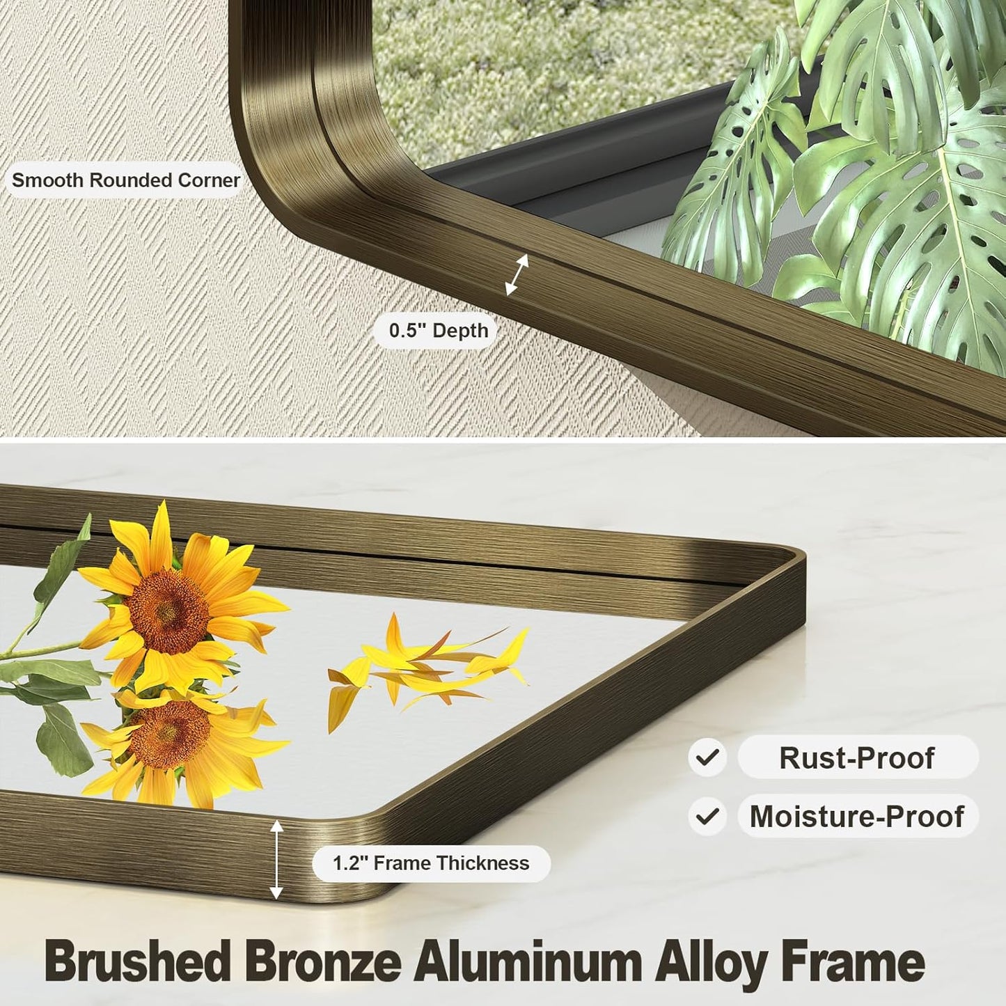 48x32 Bronze Framed Bathroom Mirror, Brushed Bronze Metal Vanity Mirror, Bronze Rectangle Mirror for Wall, Rounded Corner, Tempered Glass, Anti-Rust, Shatterproof (Horizontal/Vertical)