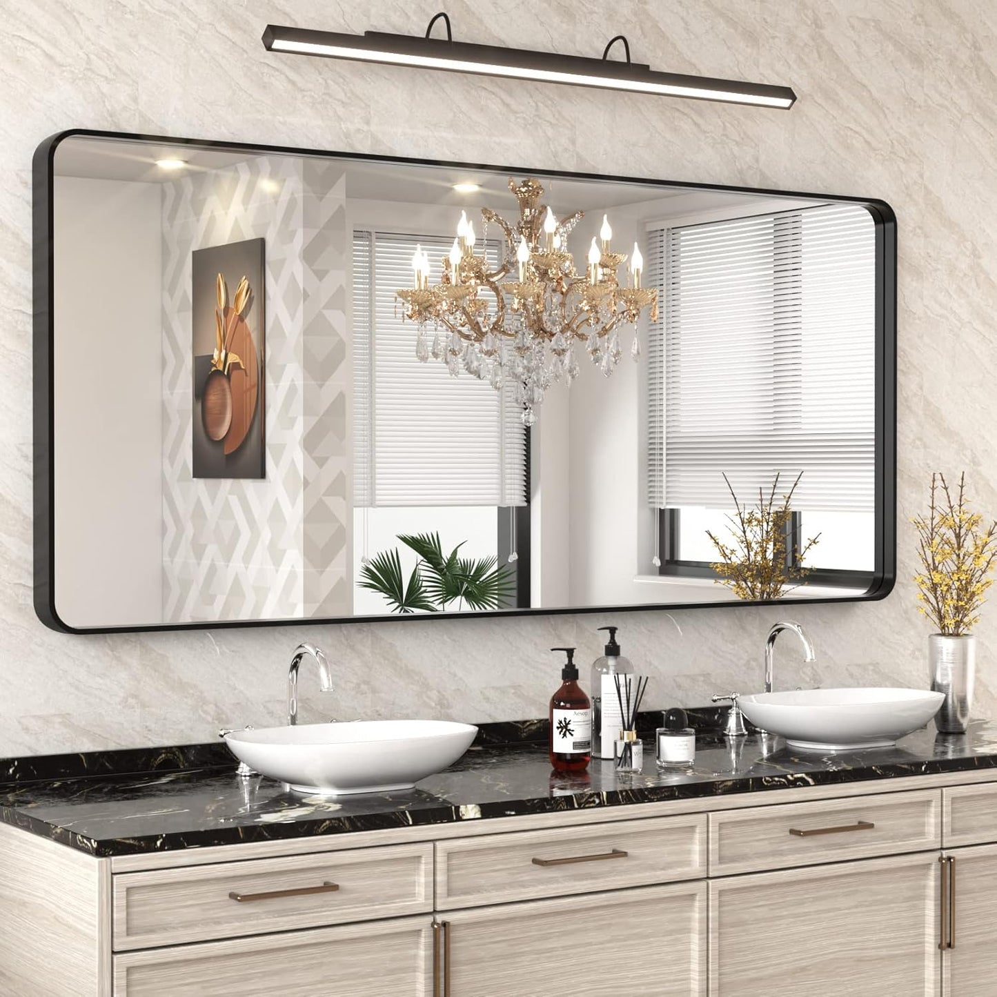 WEER Black Metal Framed Mirror 72X32 Inch, Black Bathroom Vanity Mirror, Rounded Rectangle Matte Black Bathroom Mirror for Wall, Tempered Glass, Anti-Rust, Hangs Horizontal or Vertical